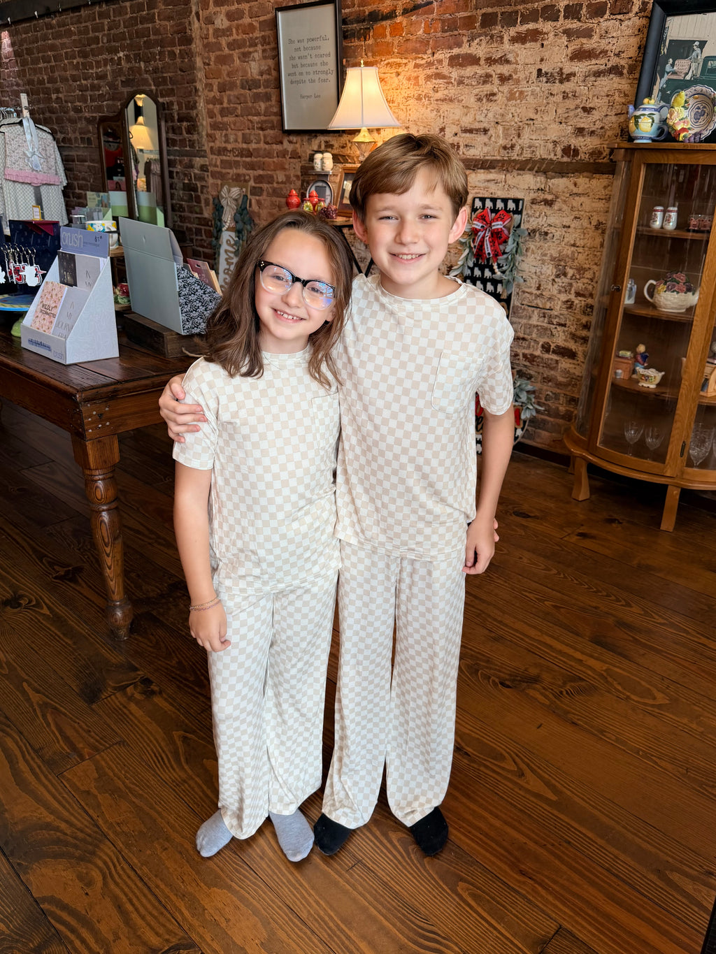 Cream Checkered Bamboo Pajamas Set - Youth