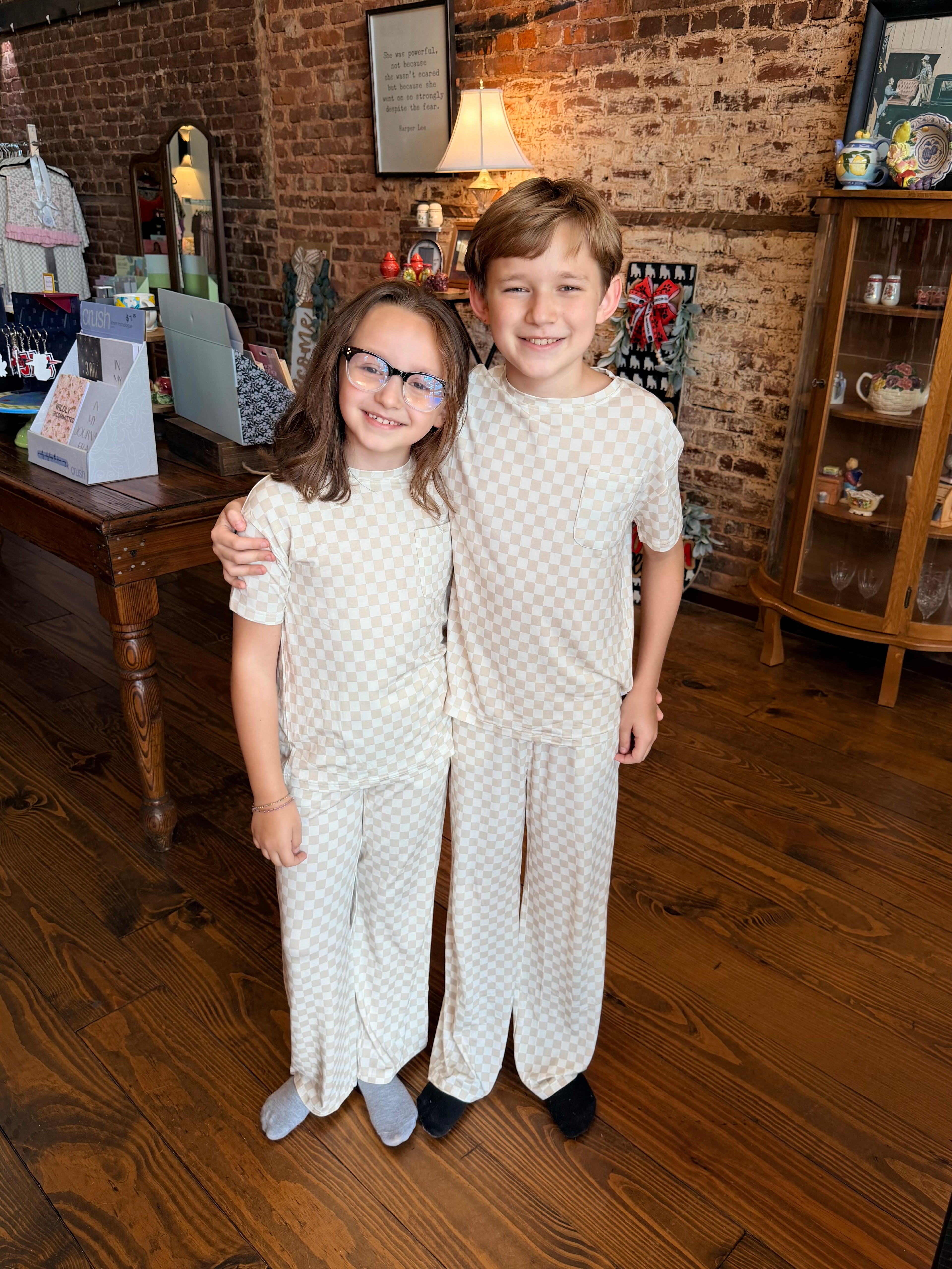 Cream Checkered Bamboo Pajamas Set - Youth