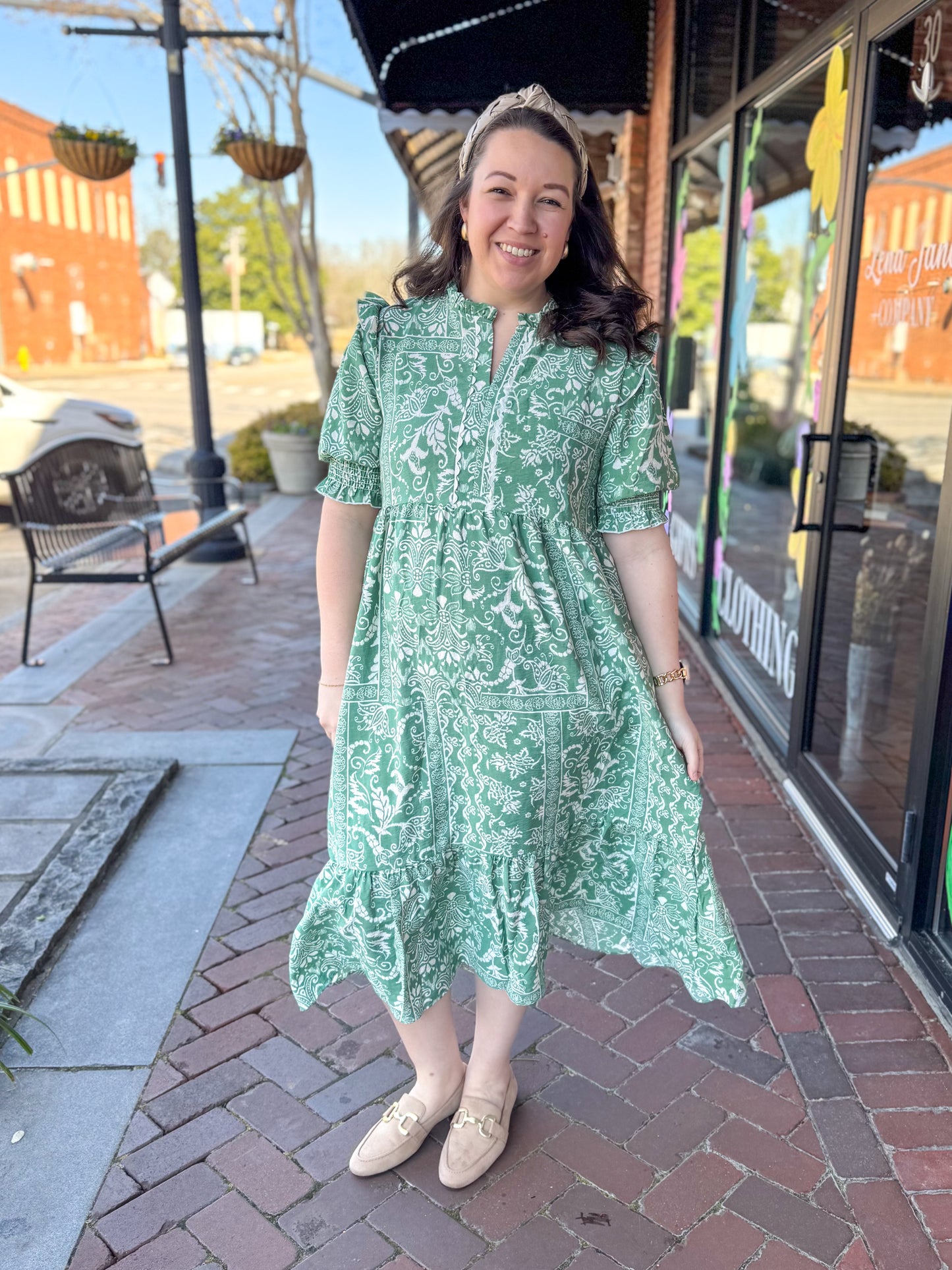 Green Patch Print Midi Dress