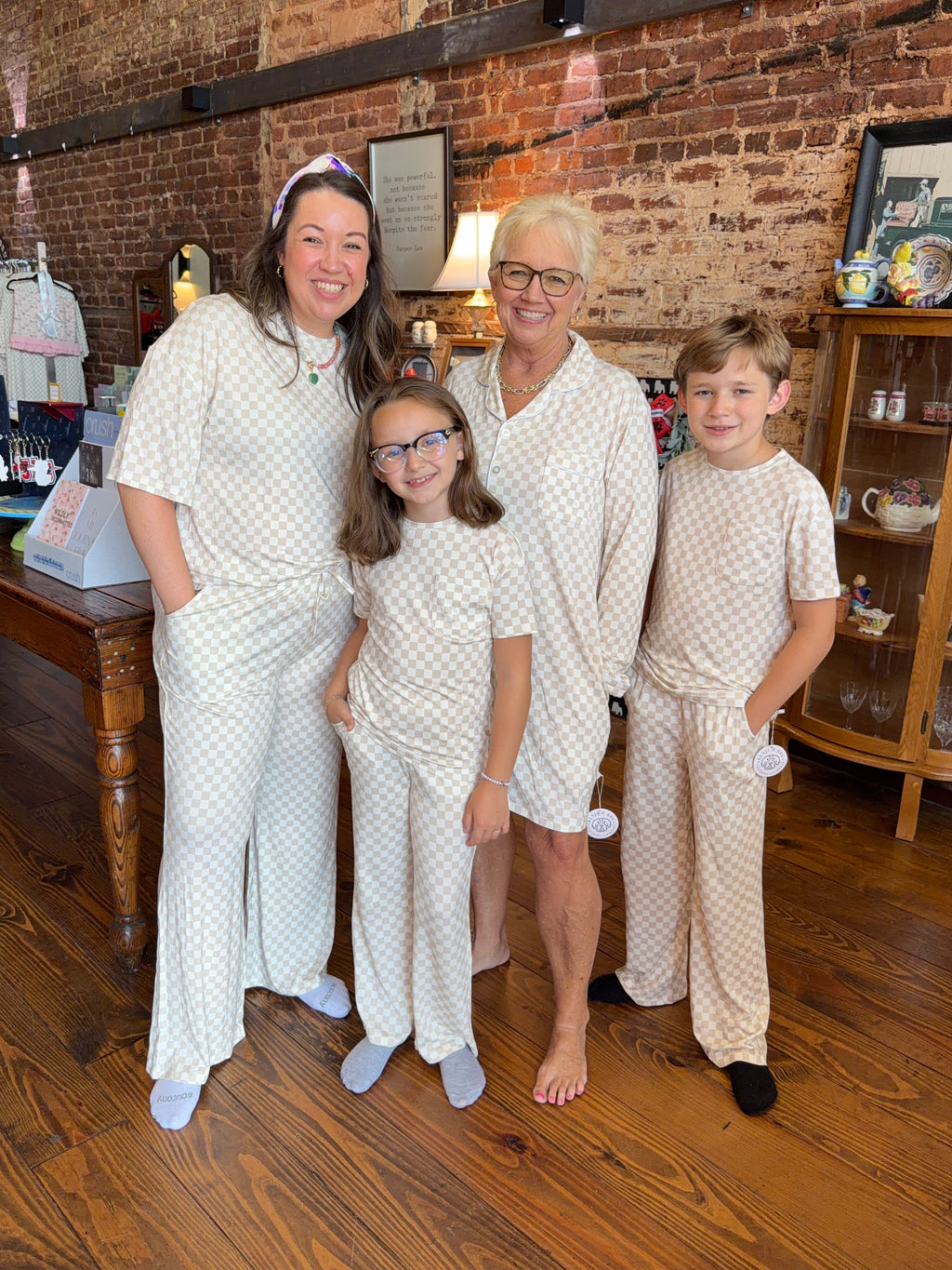 Cream Checkered Bamboo Pajamas Set - Adult