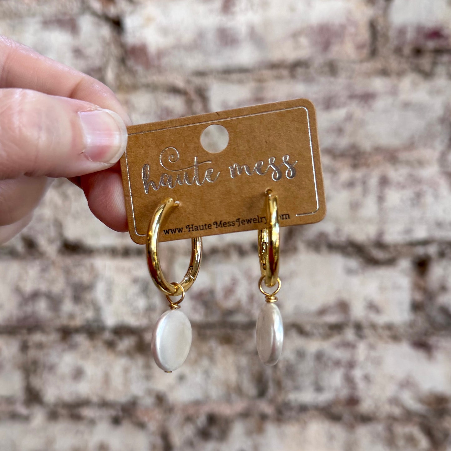 Gold Hoop Earrings with Button Pearl Drops