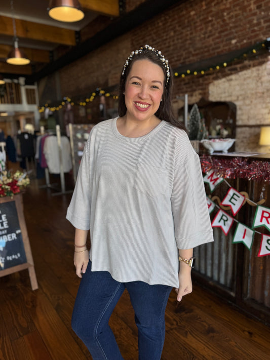 Grey Ribbed Oversized Top with Pocket