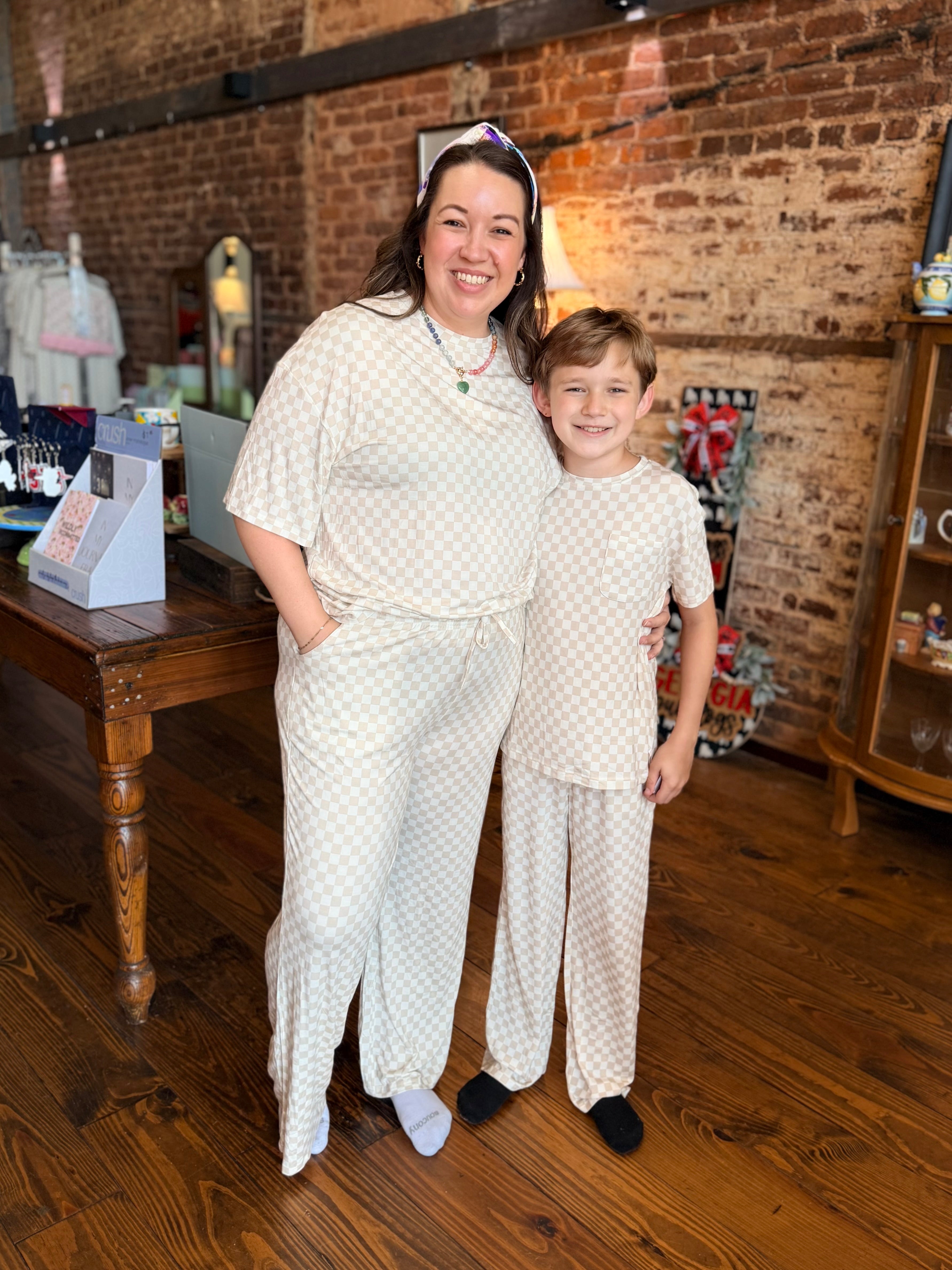 Cream Checkered Bamboo Pajamas Set - Youth