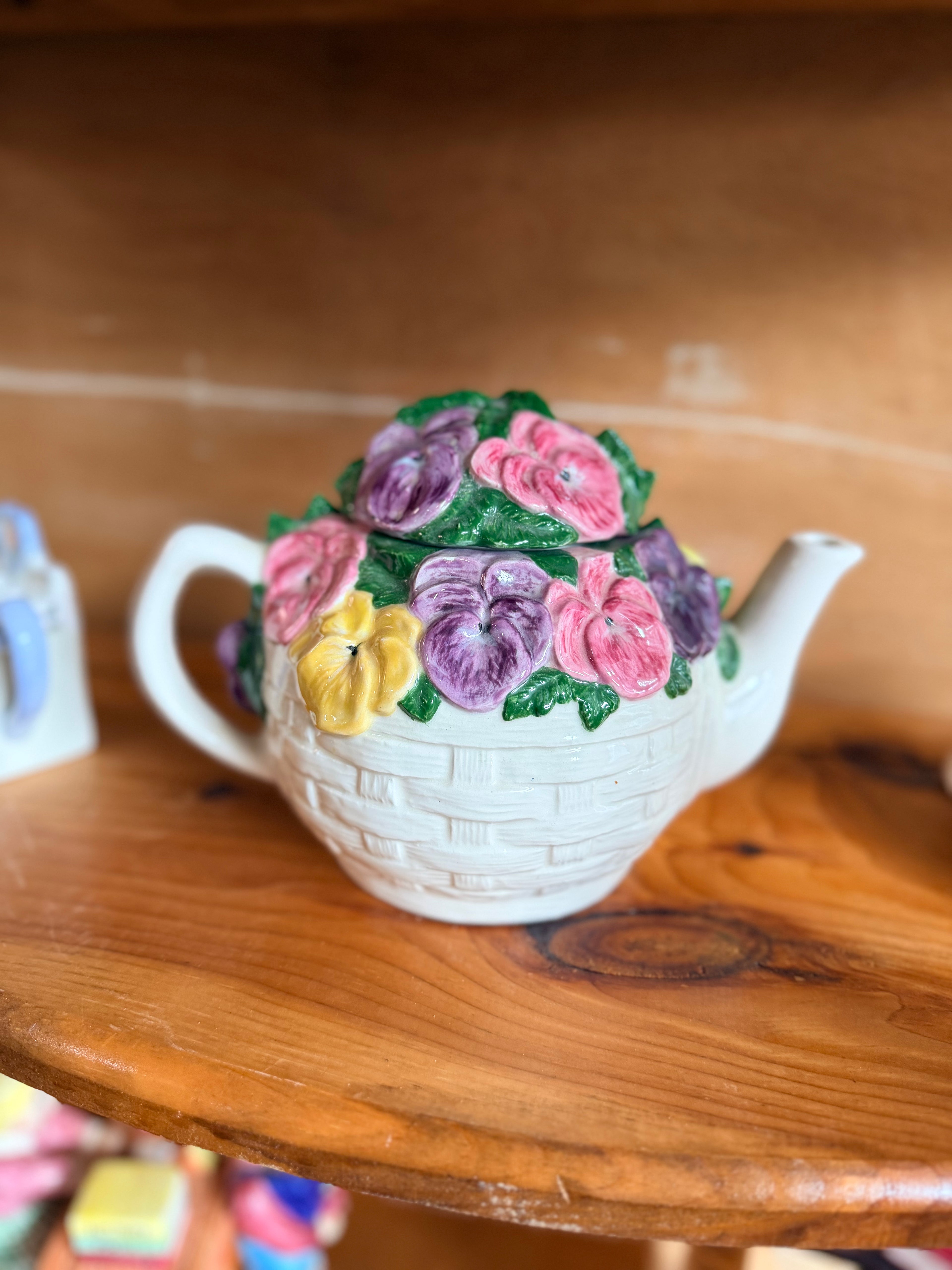 Vintage Floral Basket Teapot