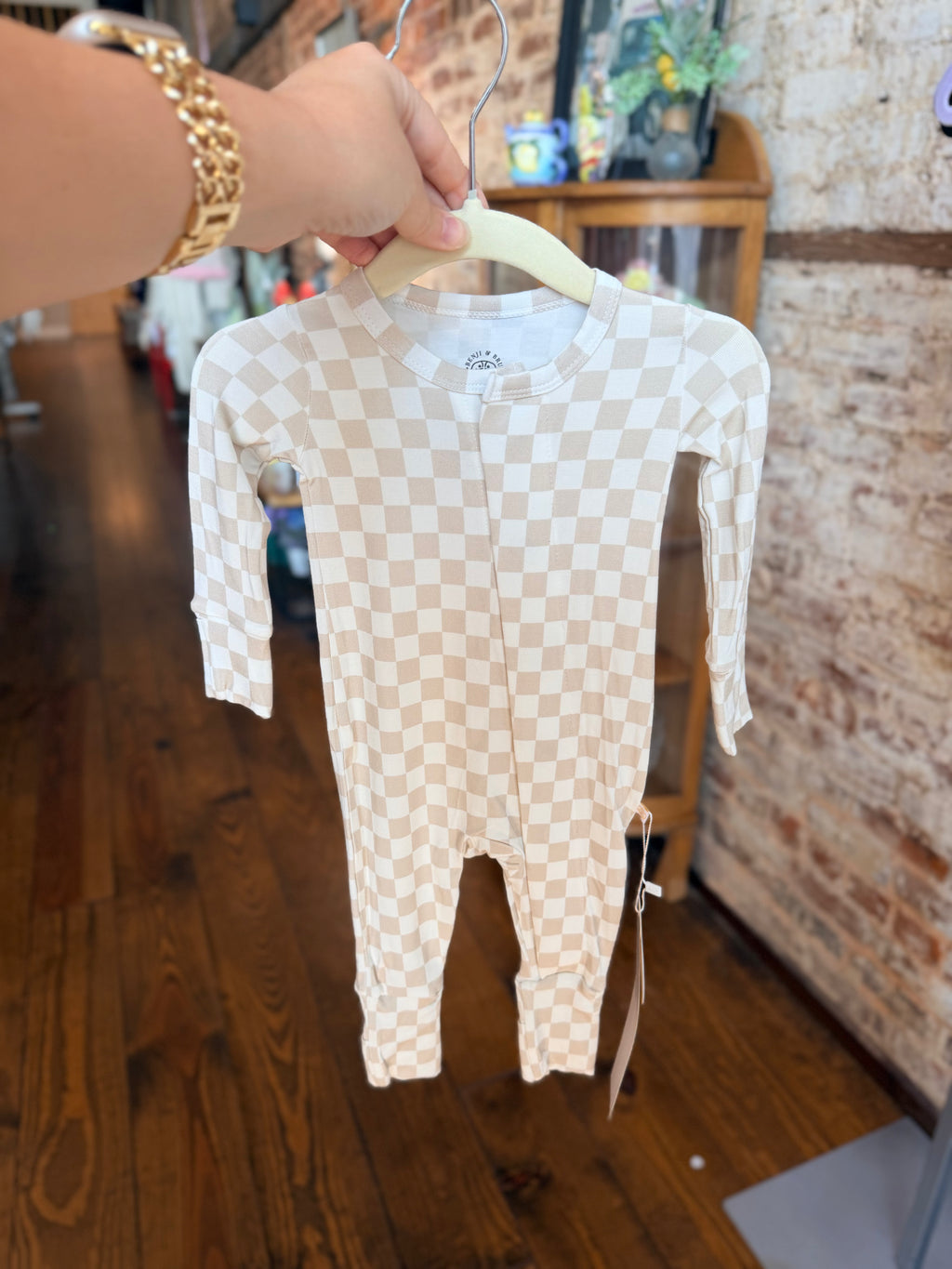 Cream Checkered Bamboo Magnetic Pajamas