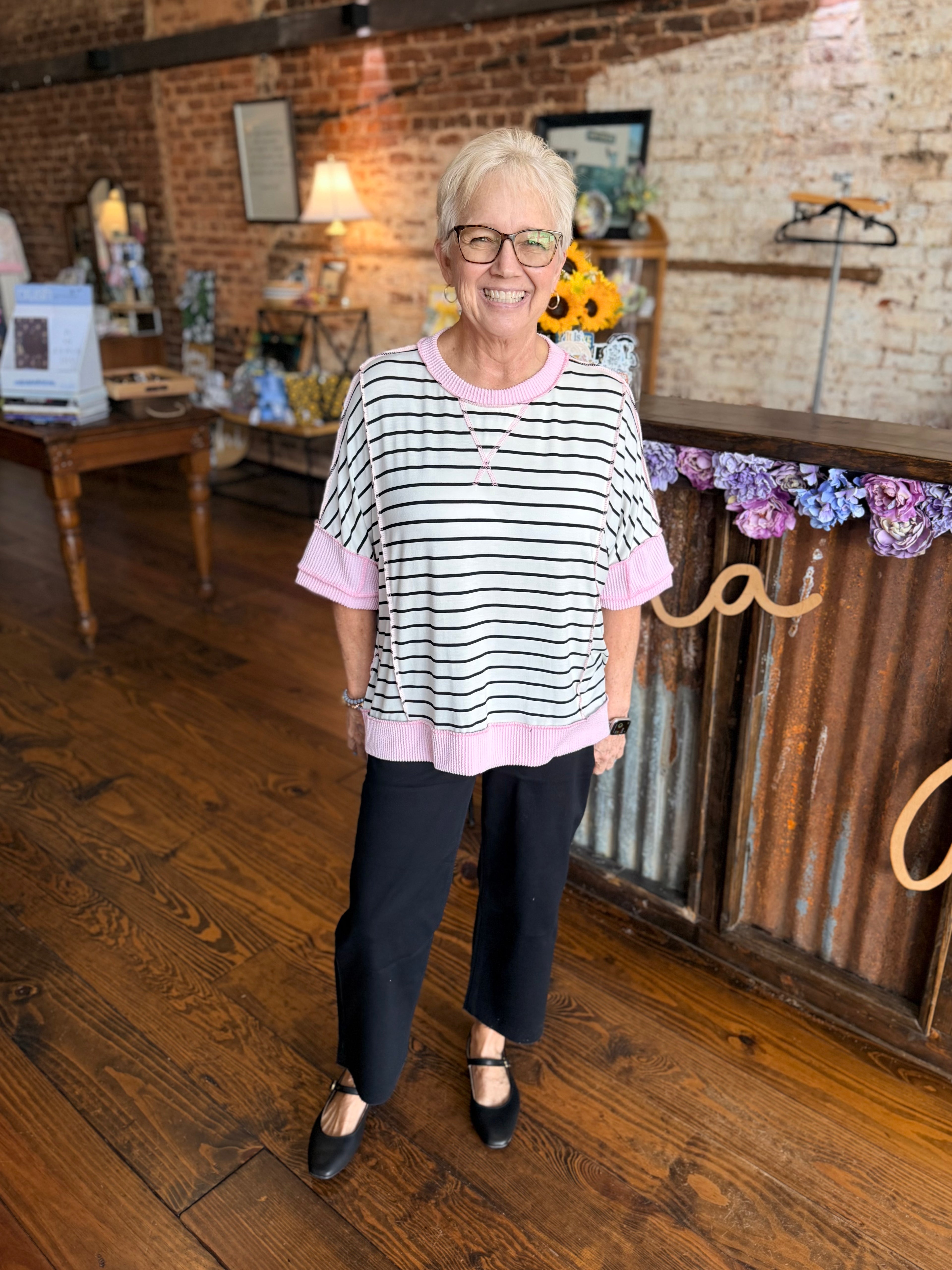 Striped with Pink Trim Top