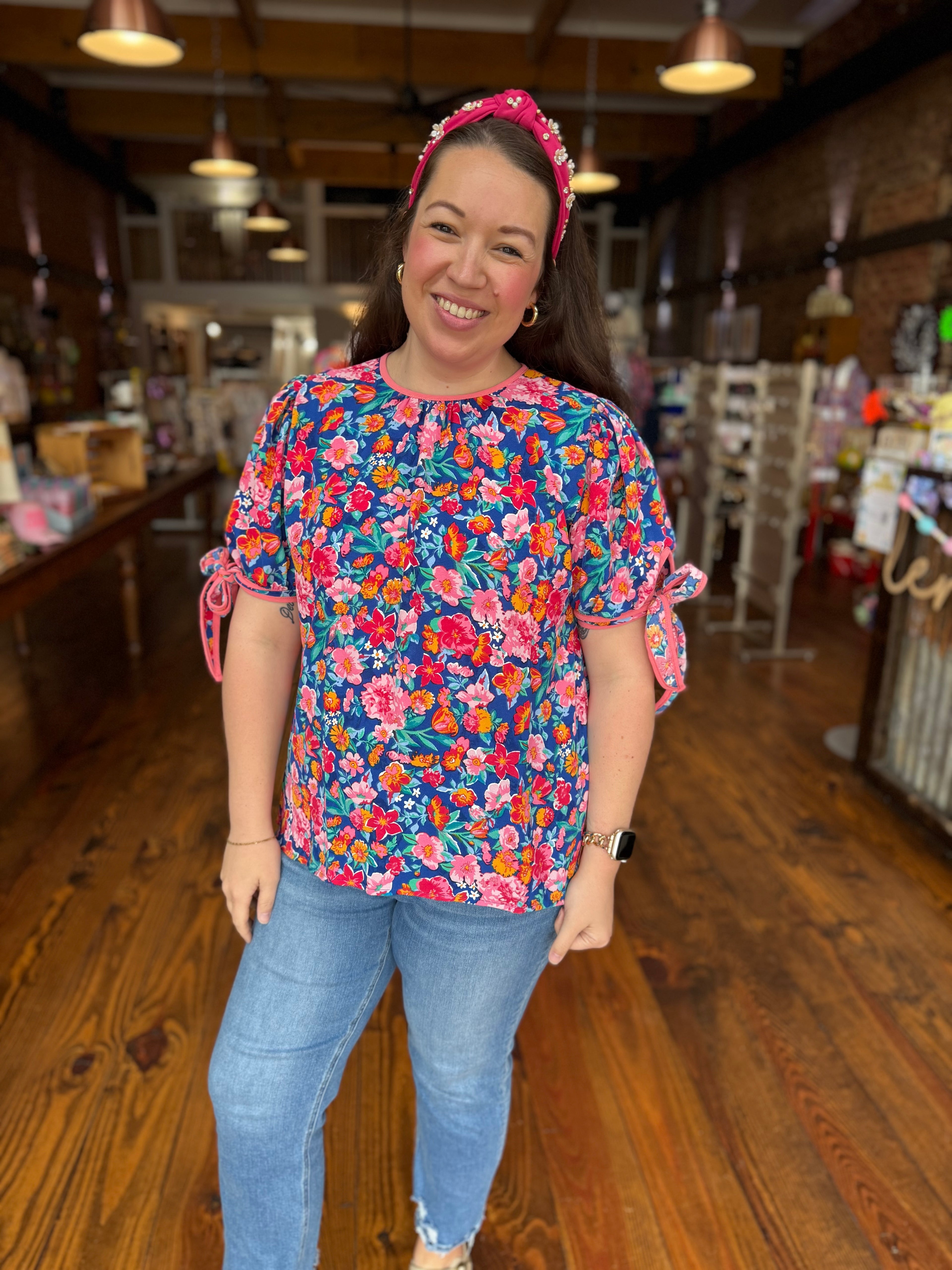 Ariana Floral Woven Blouse with Tie Sleeves