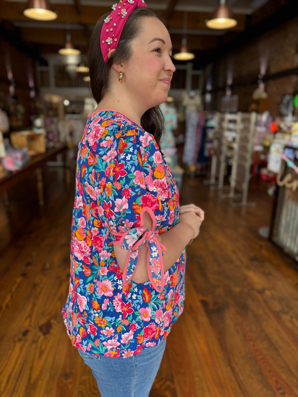 Ariana Floral Woven Blouse with Tie Sleeves