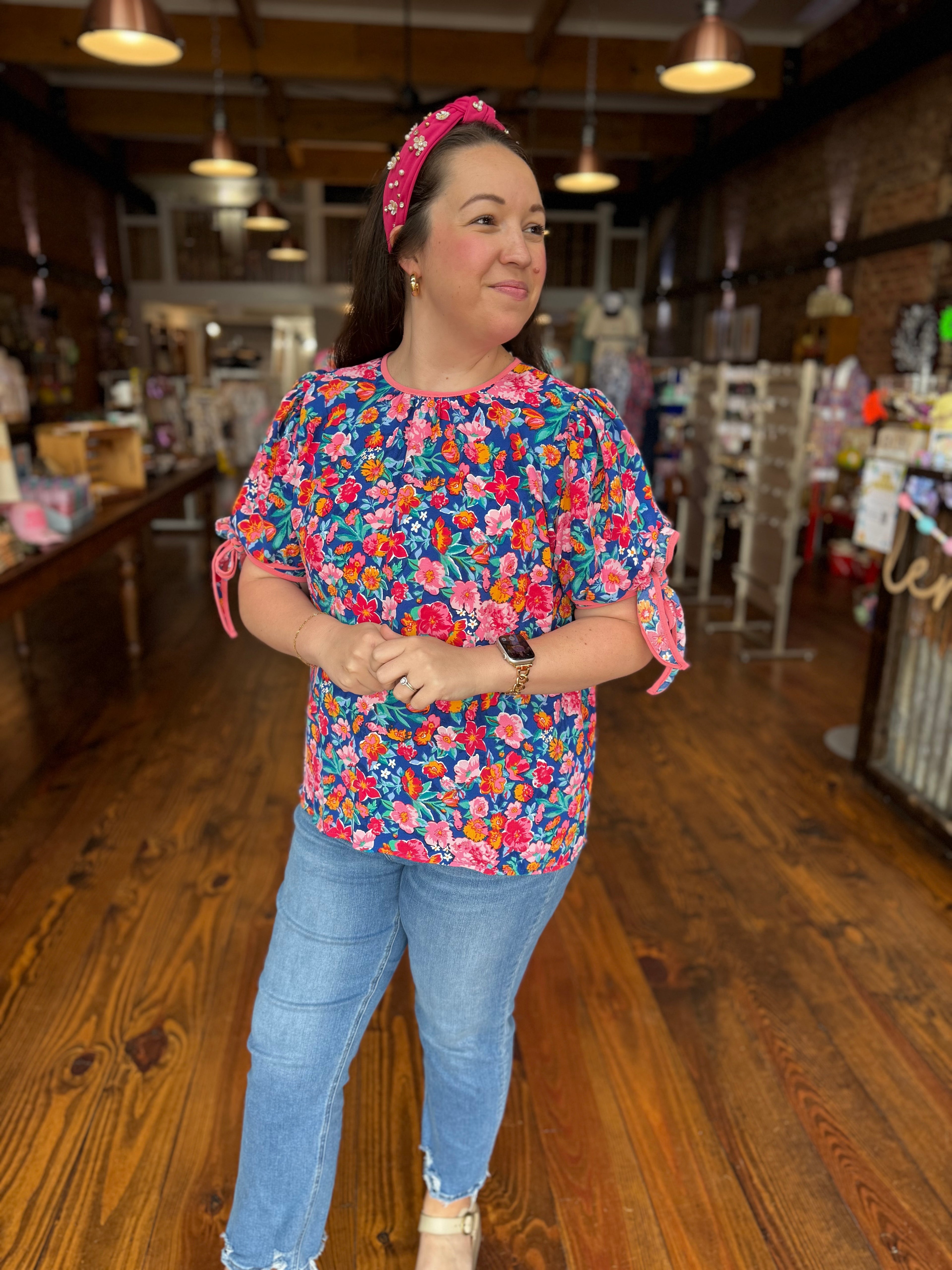 Ariana Floral Woven Blouse with Tie Sleeves