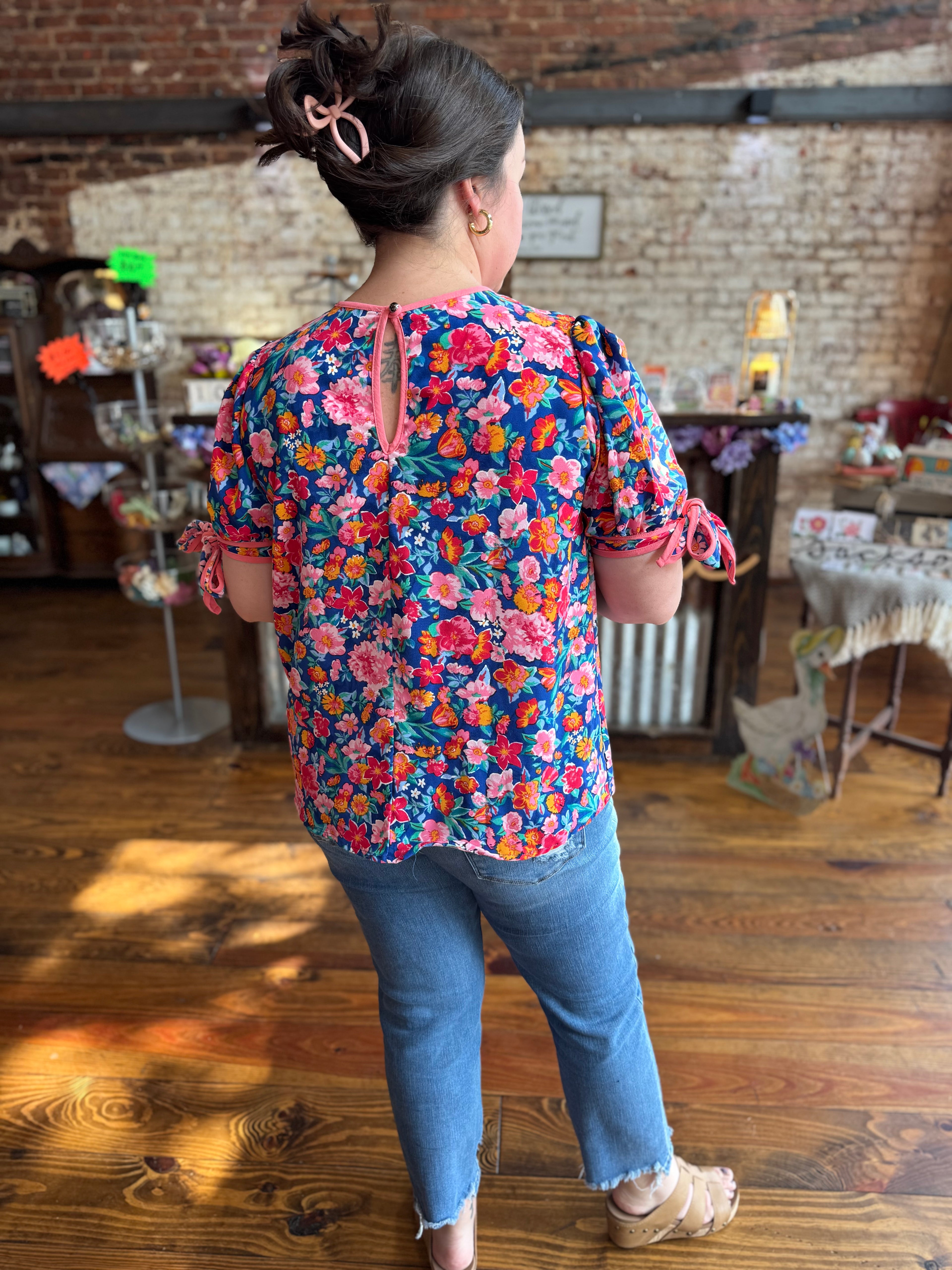 Ariana Floral Woven Blouse with Tie Sleeves