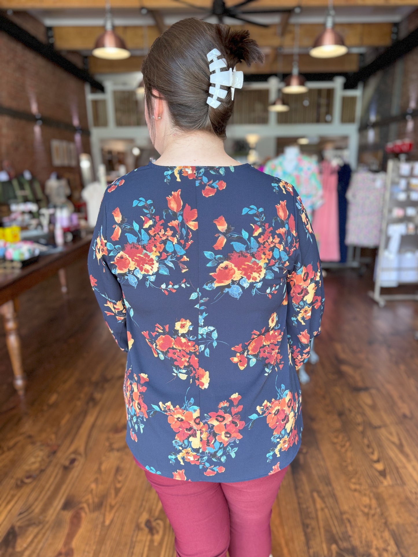 Navy Floral Woven Blouse