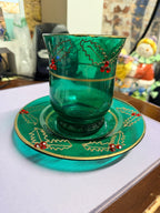 Emerald Green Holly Glass Candleholder & Plate Set