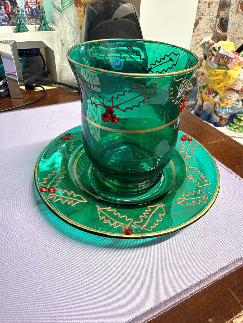 Emerald Green Holly Glass Candleholder & Plate Set