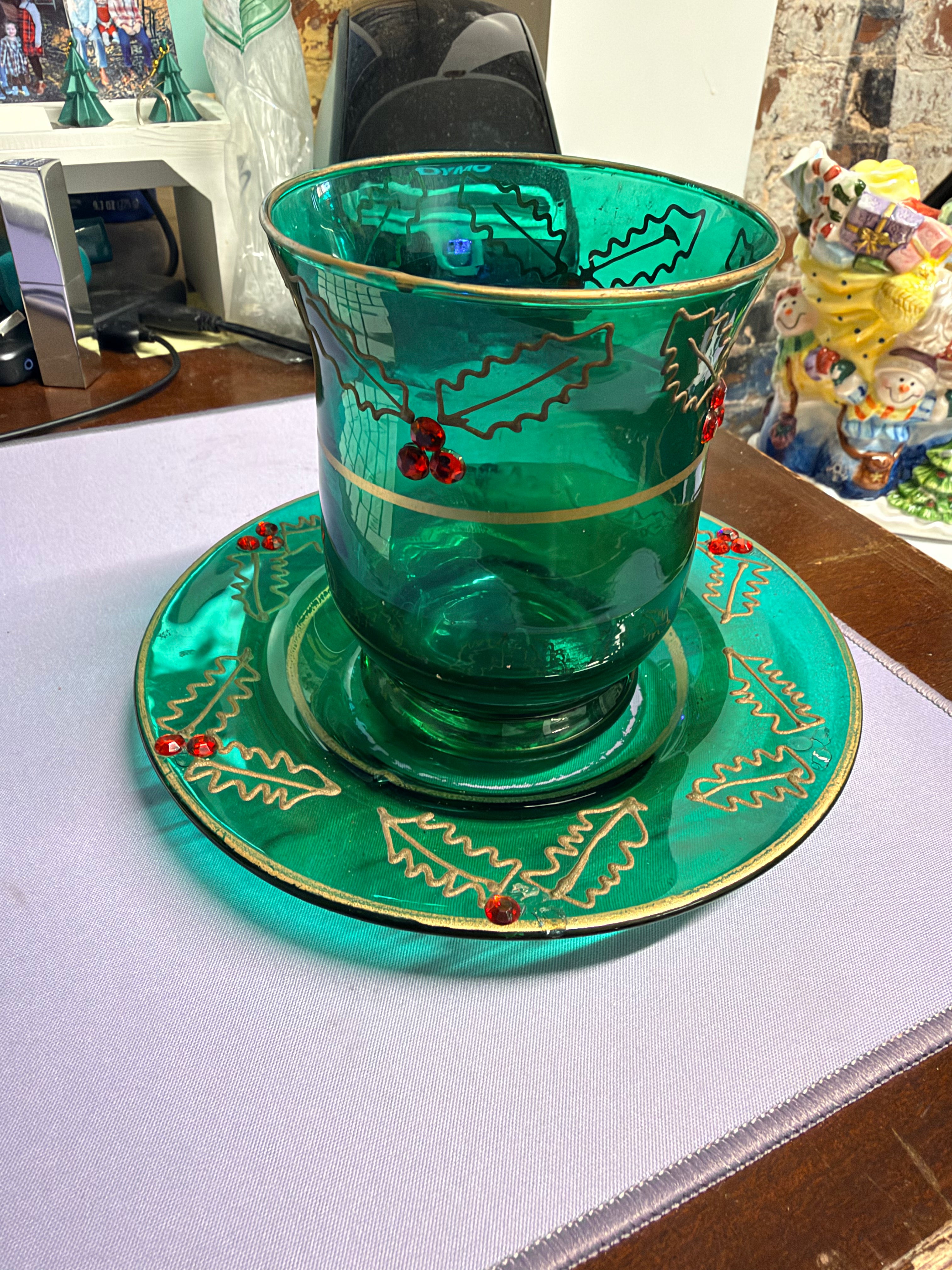 Emerald Green Holly Glass Candleholder & Plate Set