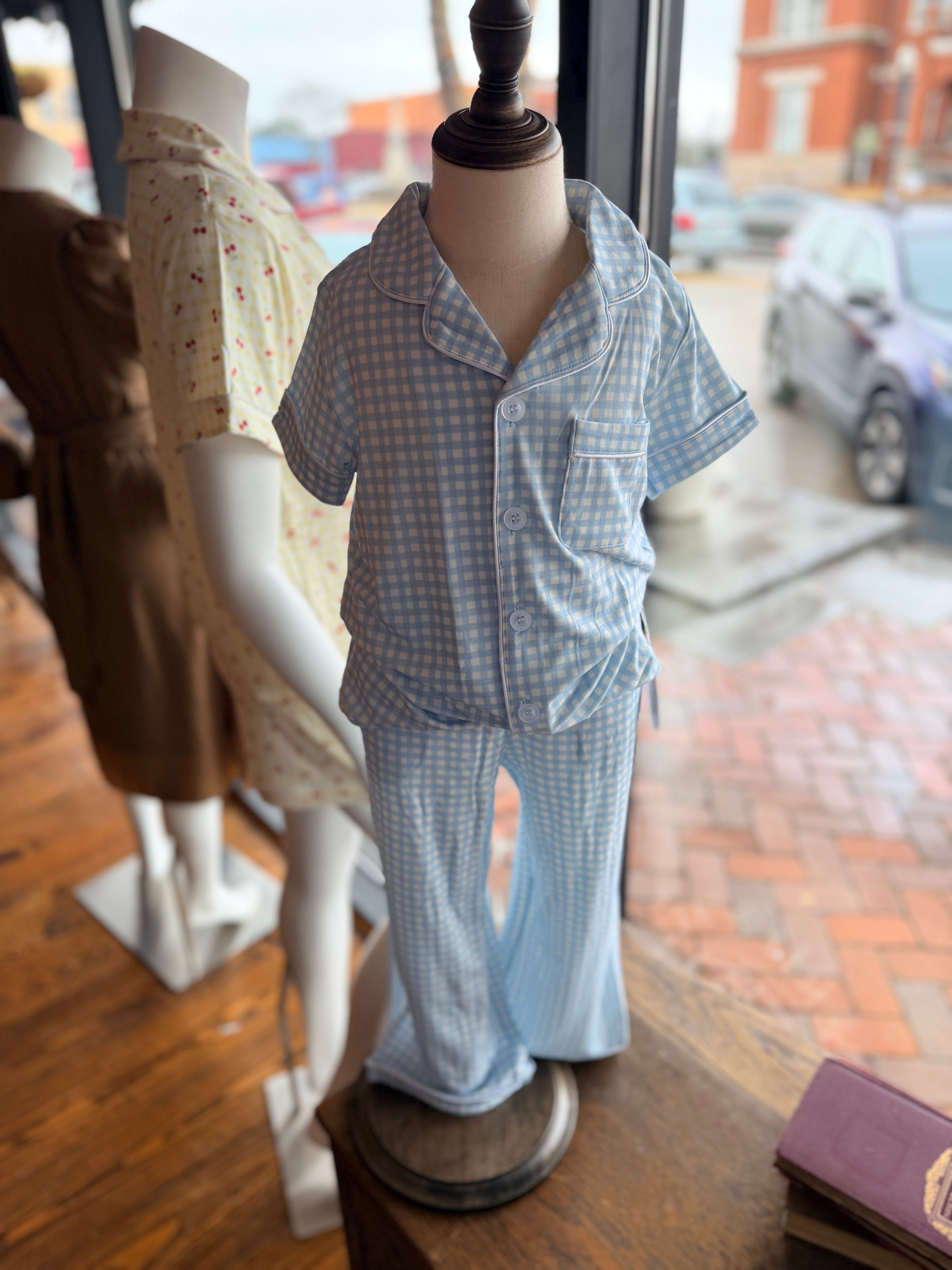 Blue Gingham Bamboo Pajamas Set - Youth