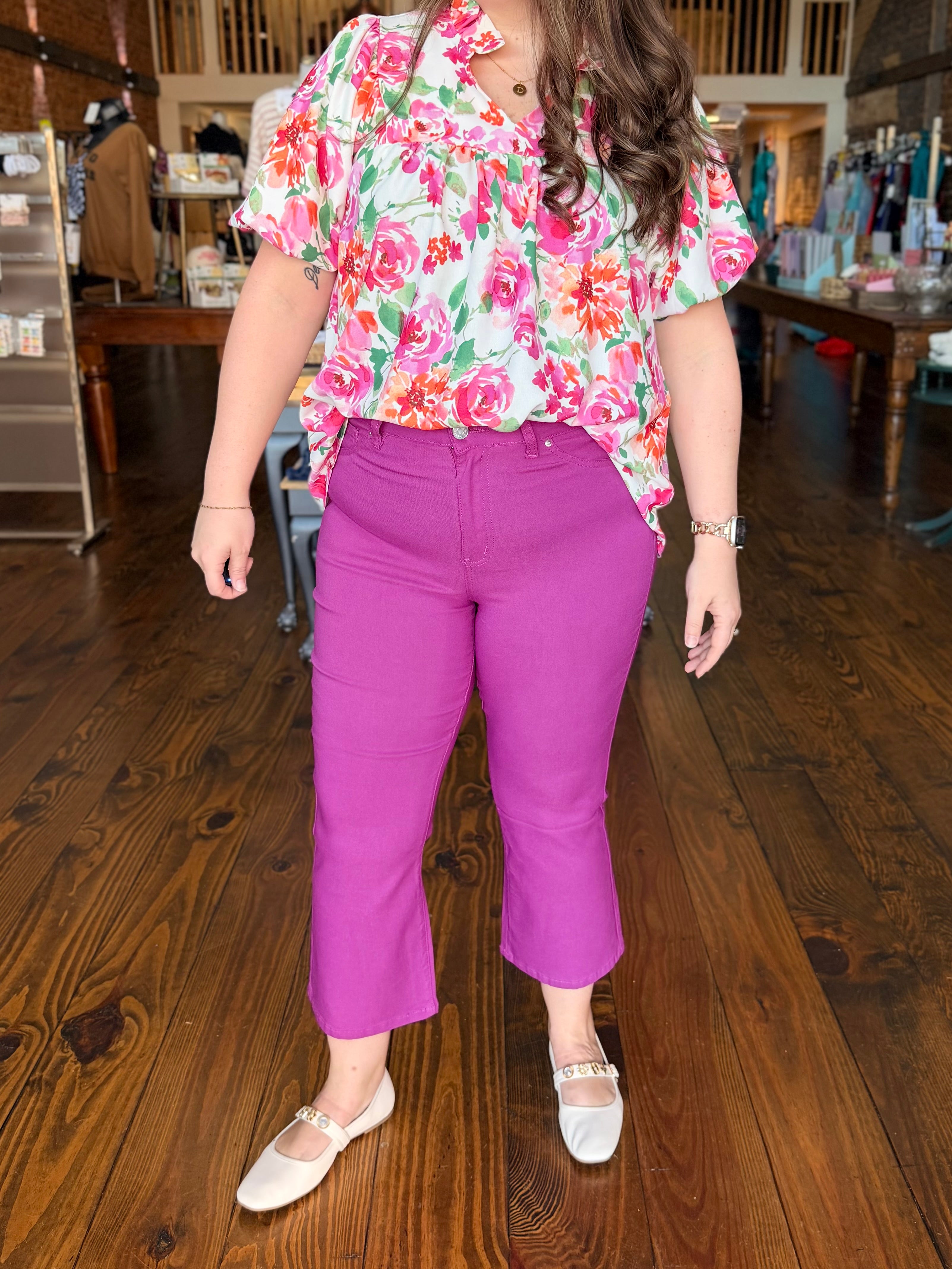 YMI Hyperstretch Kick Flare Cropped Pants - Raspberry