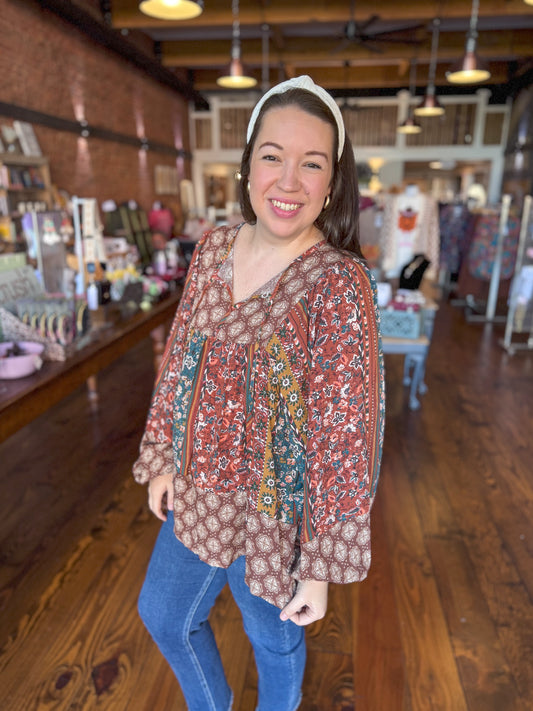 Boho Colorblock Print Woven Blouse