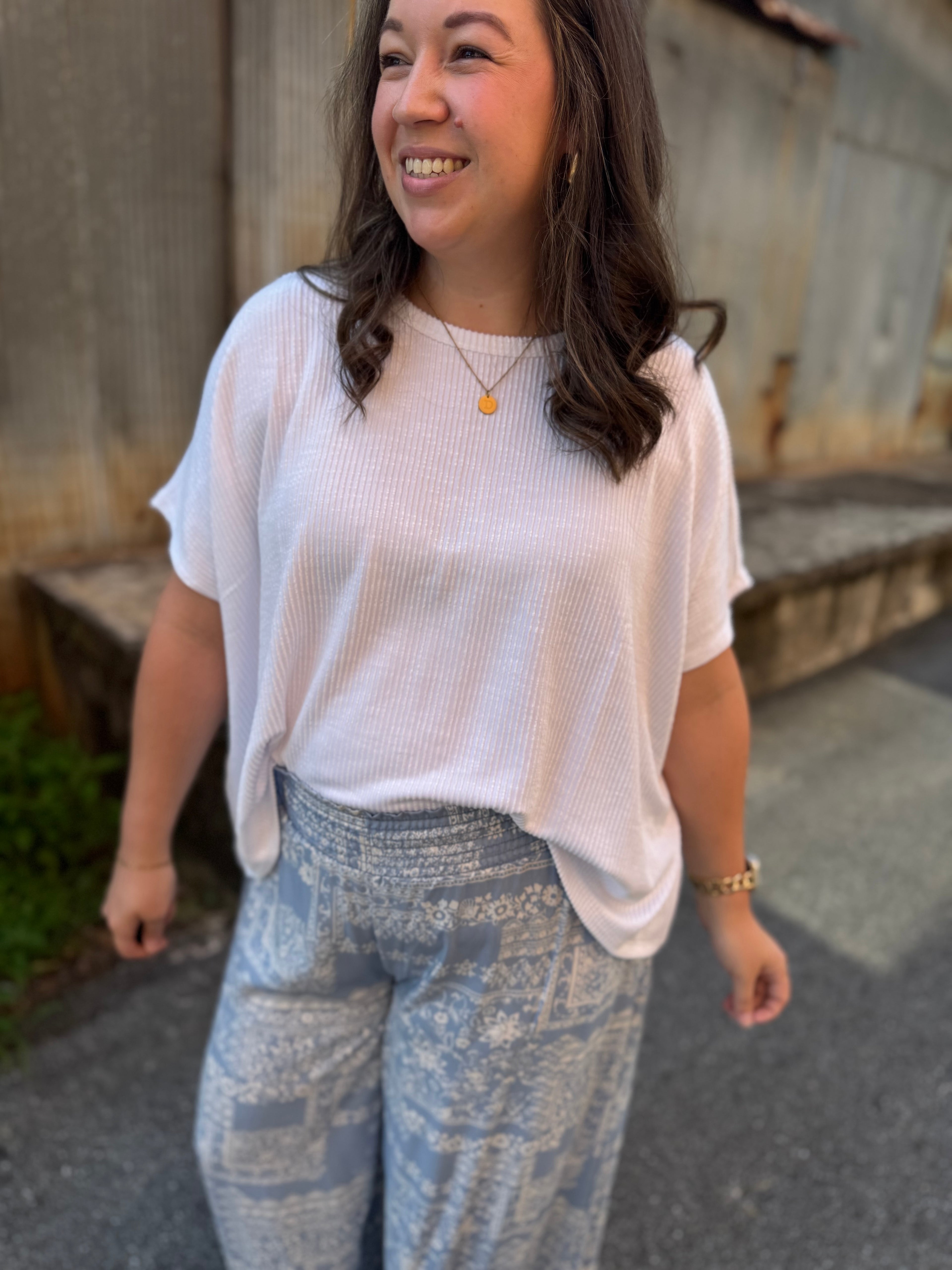 Simple Oversized Ribbed Knit Top - White
