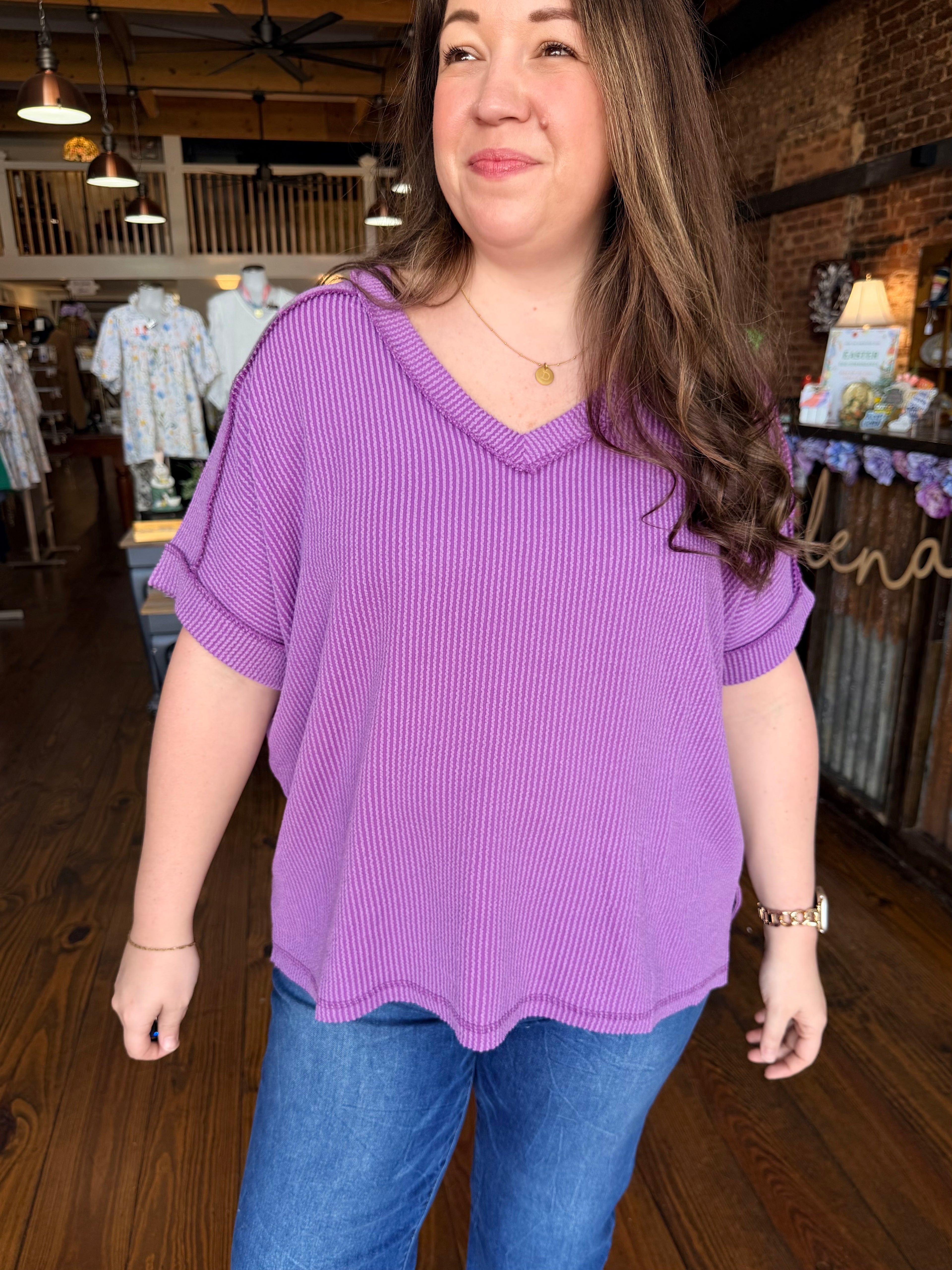 Simple Ribbed Dolman Top - Plum