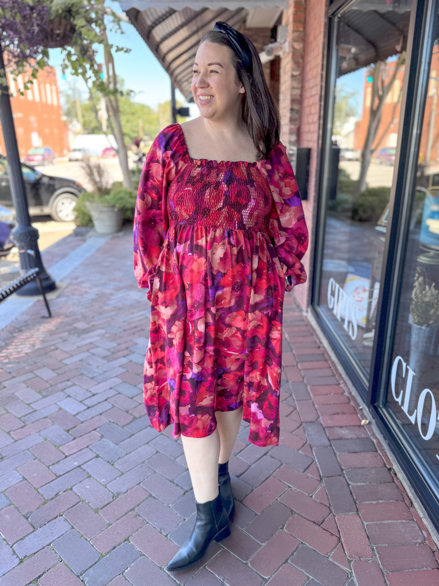 Burgundy Floral Smocked Dress