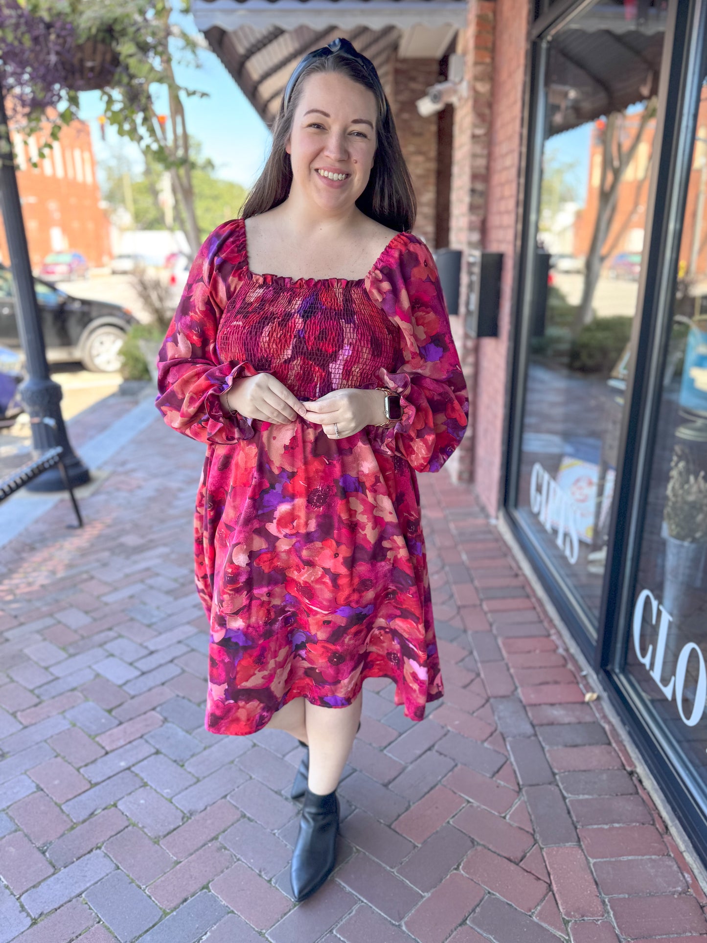 Burgundy Floral Smocked Dress