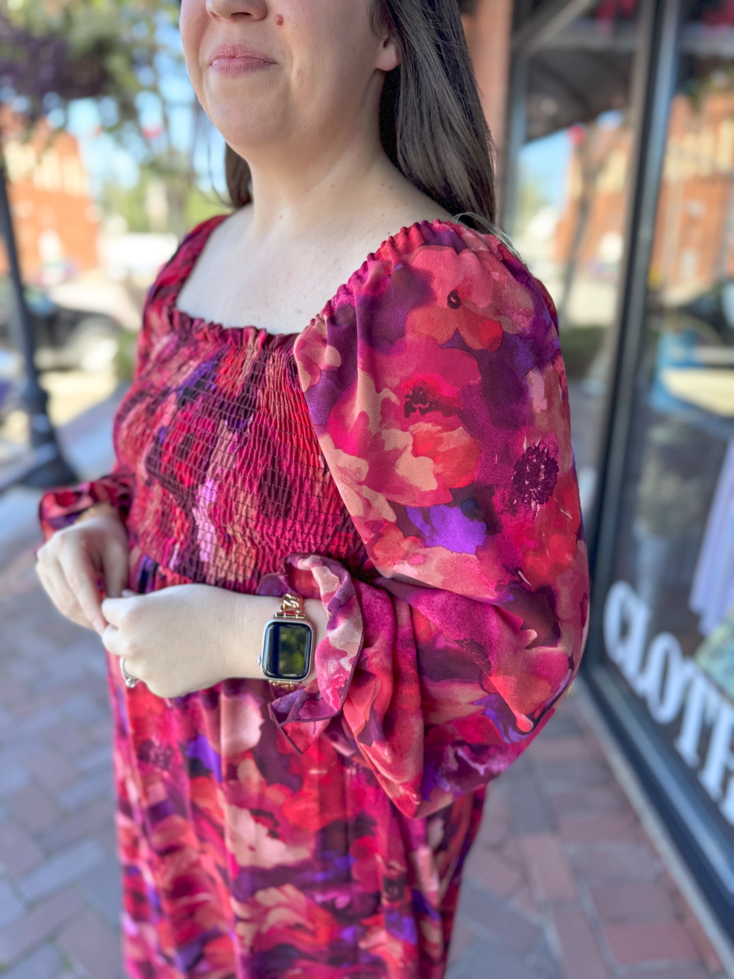 Burgundy Floral Smocked Dress