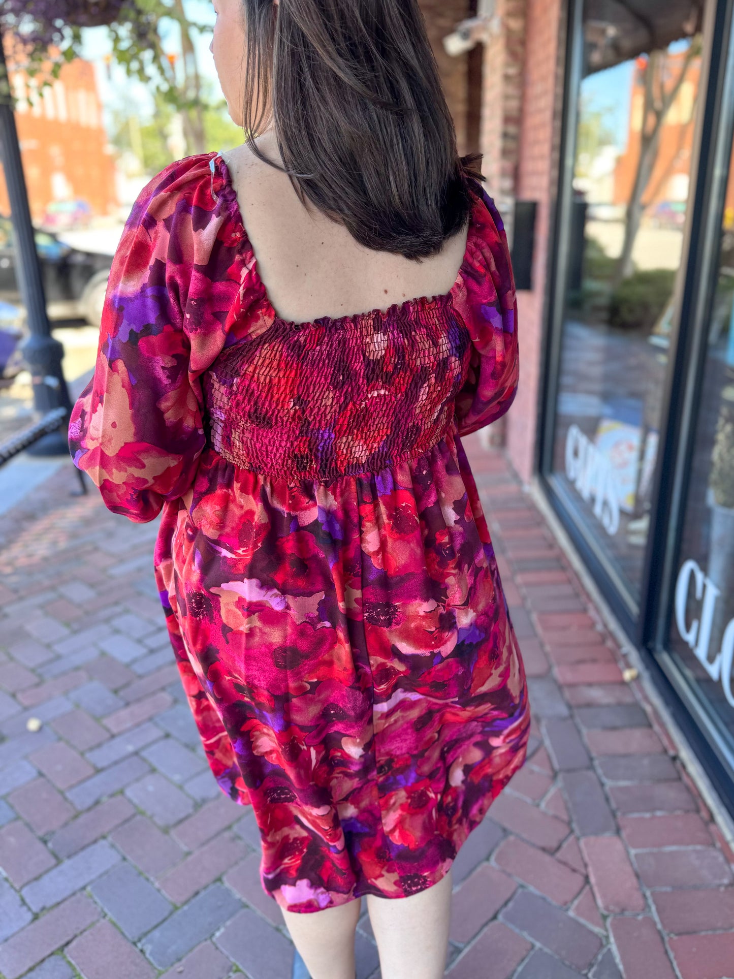 Burgundy Floral Smocked Dress