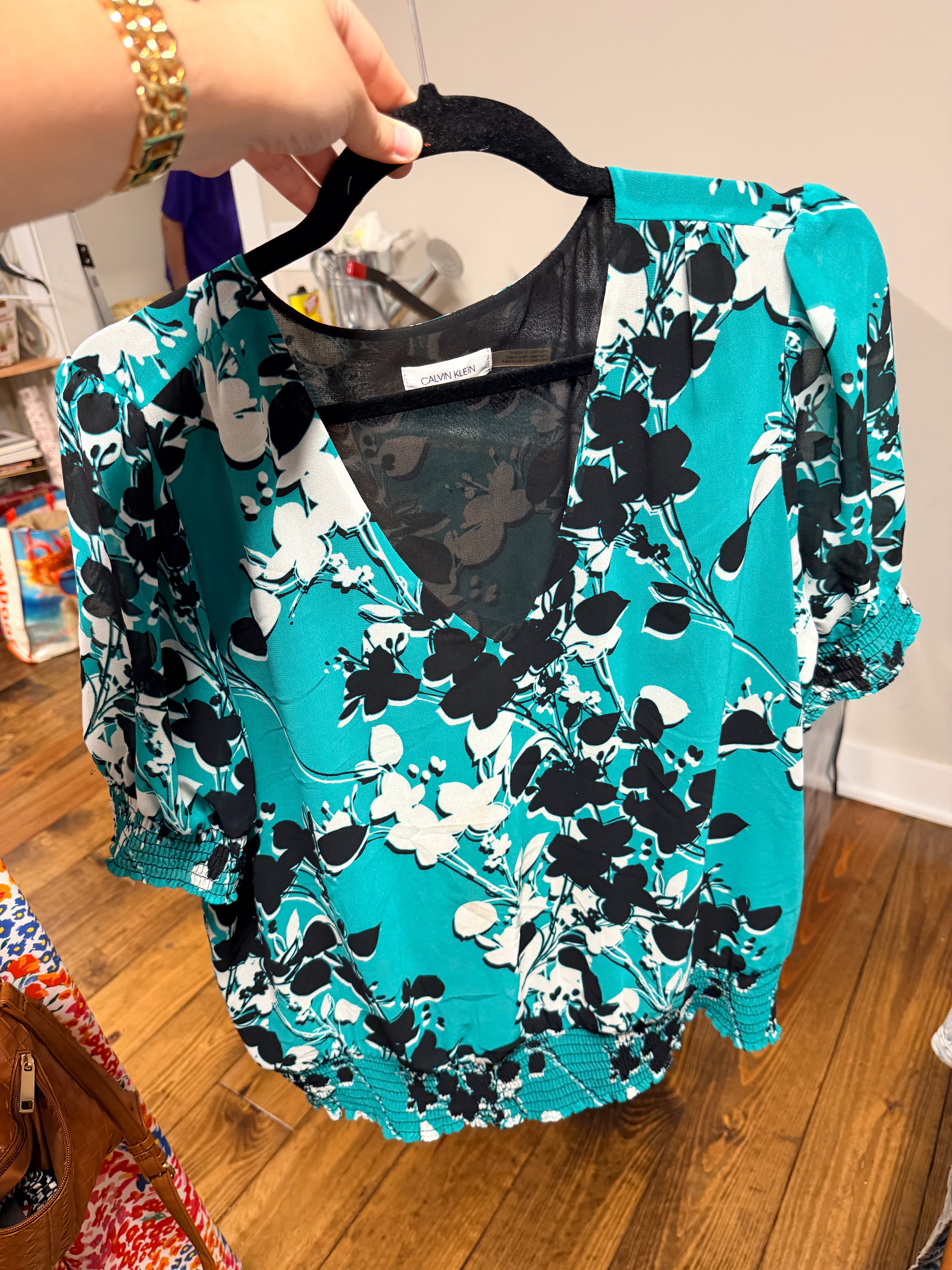Teal Floral Smocked Blouse