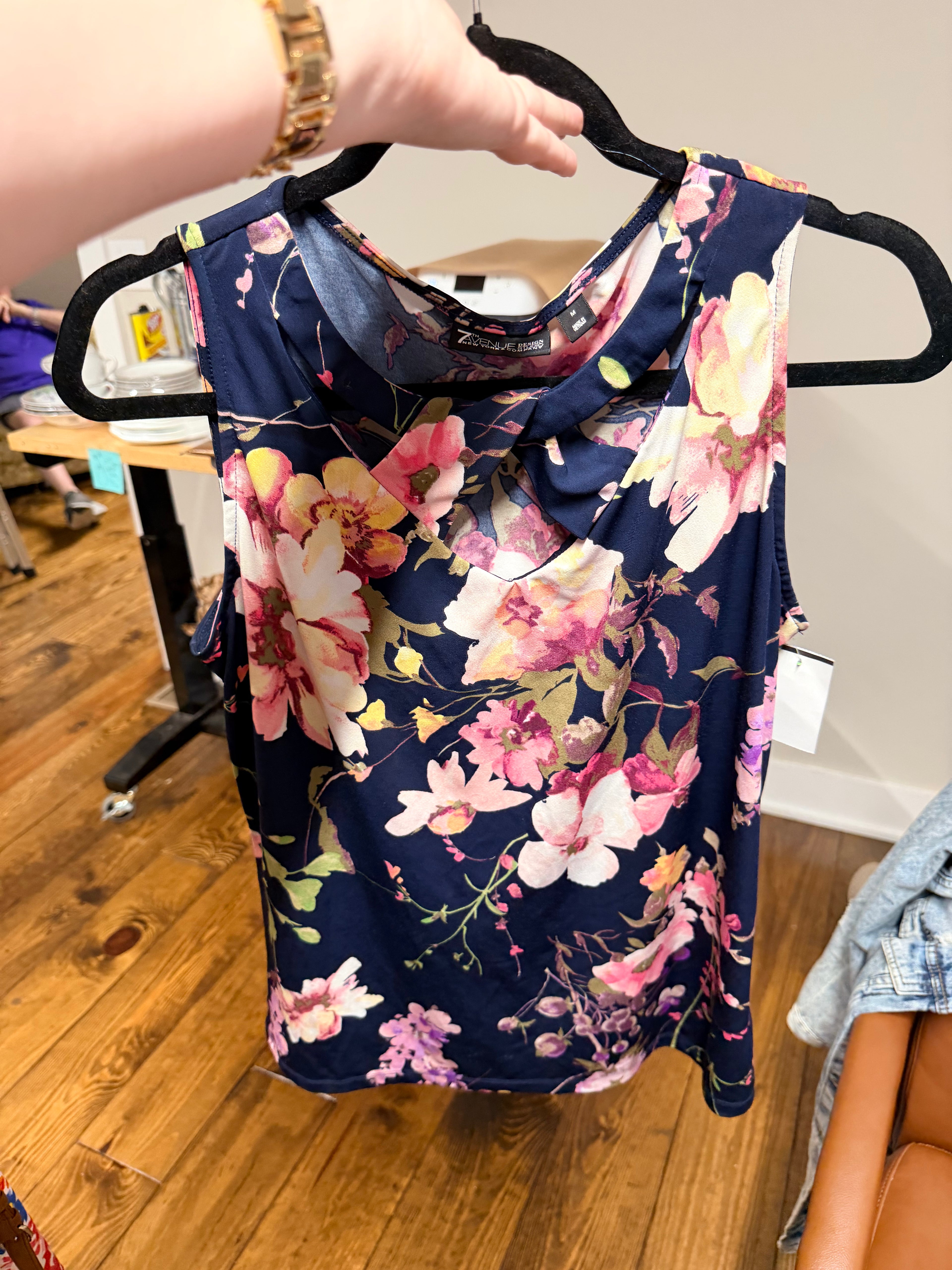 Navy Floral Sleeveless Blouse
