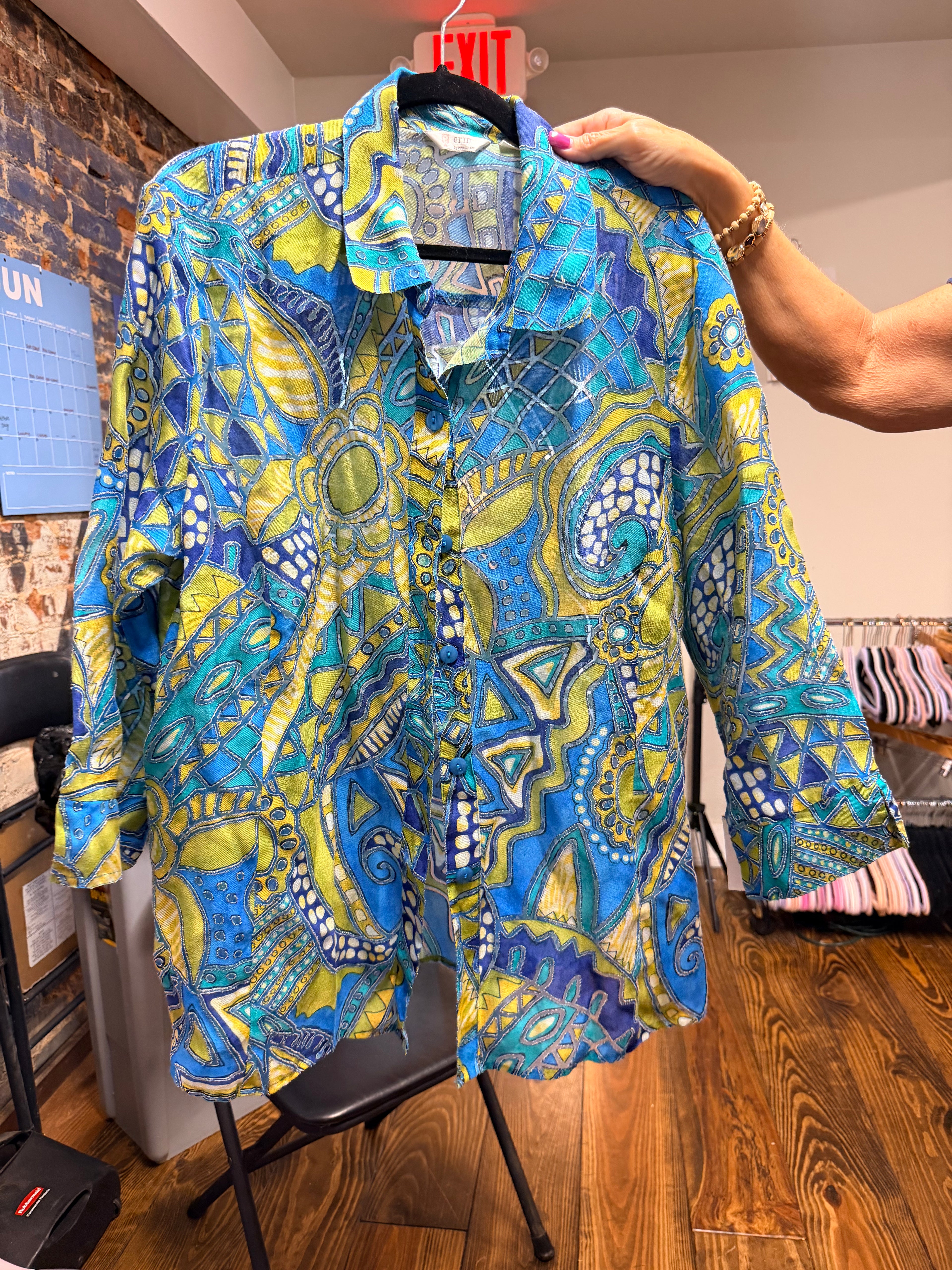 Blue Abstract Button-Up Top