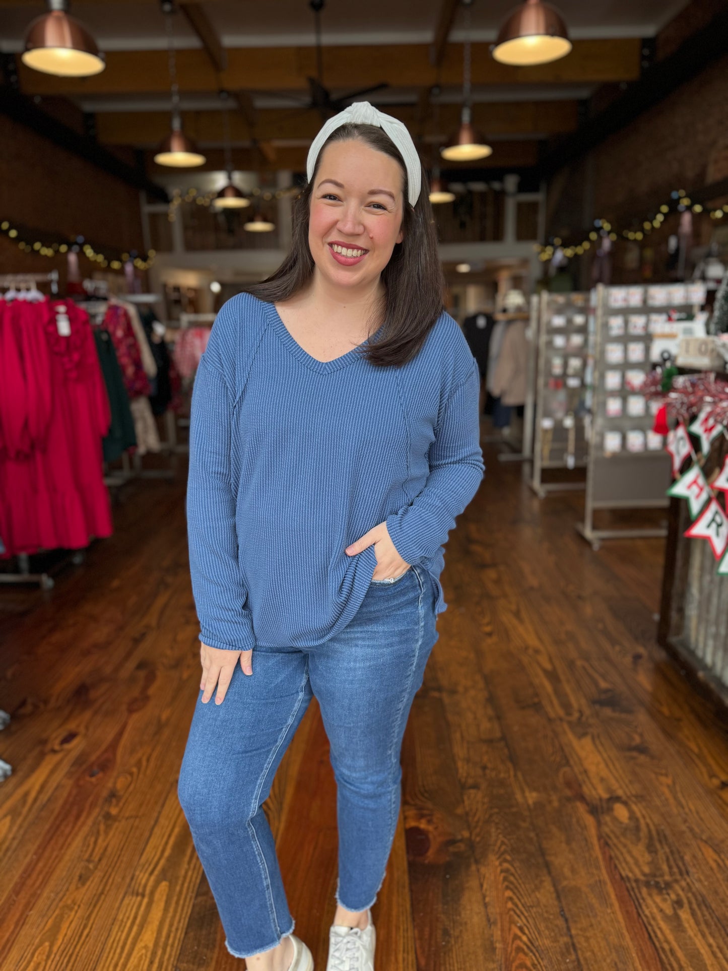 Denim Blue Ribbed Oversized Top with Side Slits