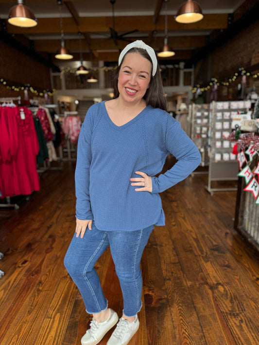 Denim Blue Ribbed Oversized Top with Side Slits