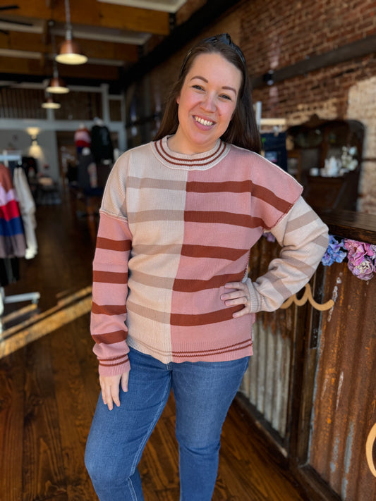 two tone stripe sweater pink taupe