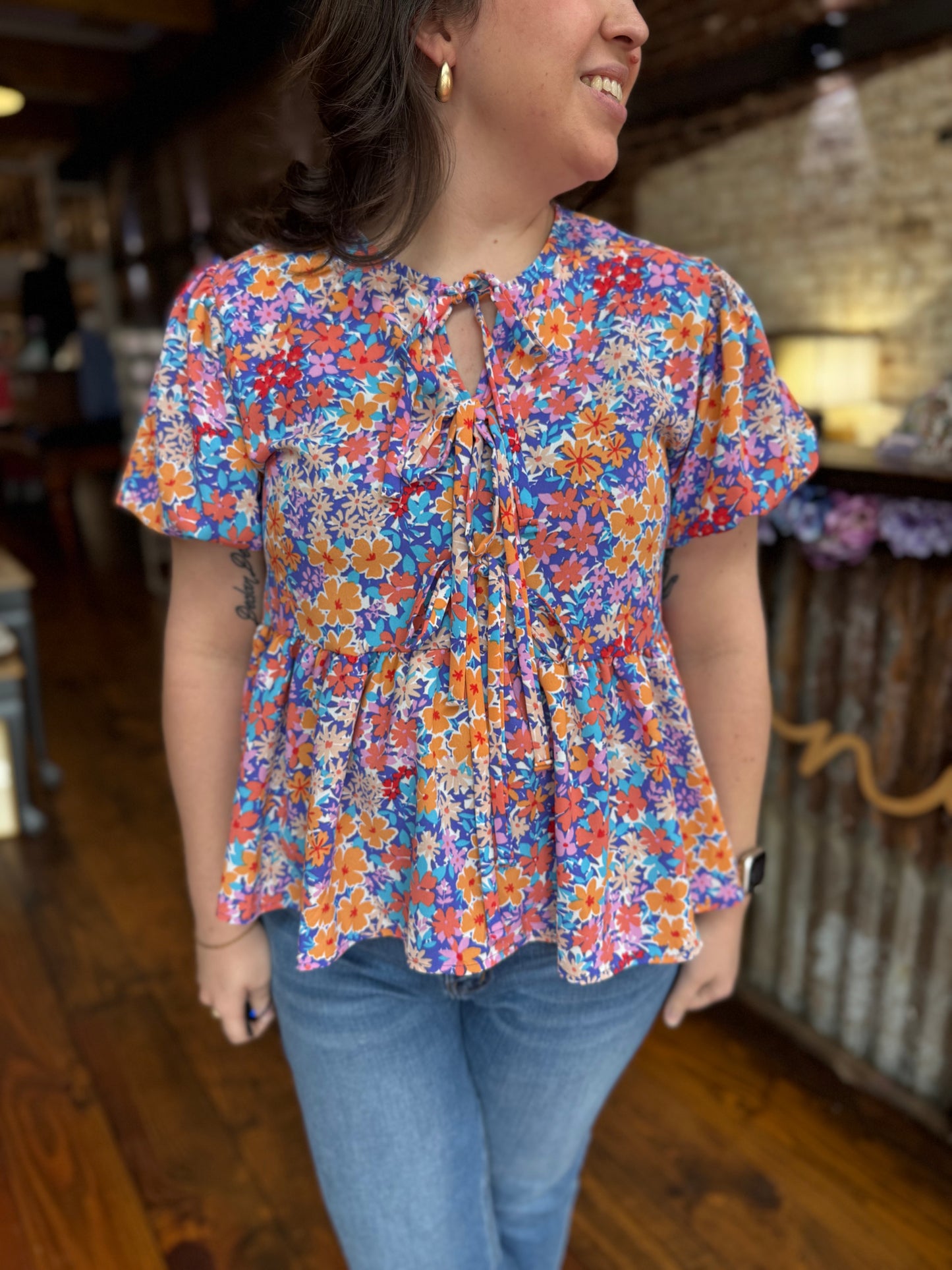 Lauren Floral Bow Peplum Blouse