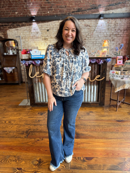 Rosemary Blue & White Bow Blouse