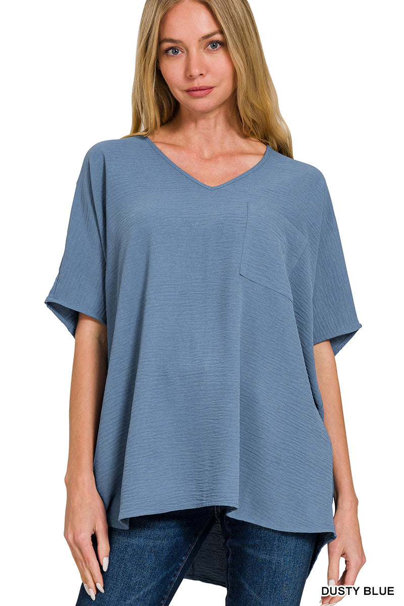 Simple Woven Dolman Blouse with Pocket in 2 Colors