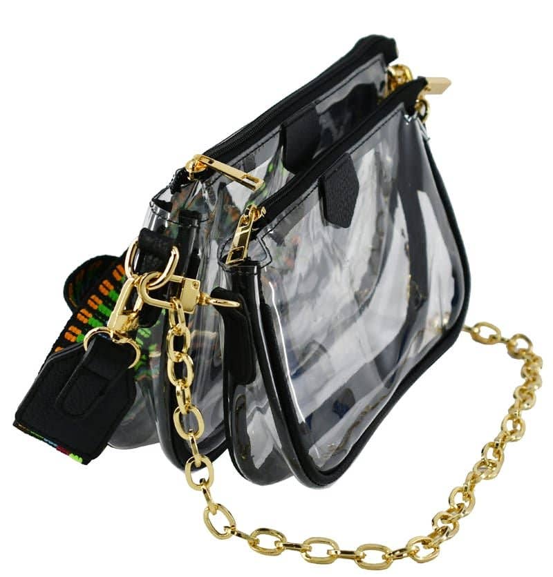Clear Double Zip Crossbody Bag With Guitar/Chain Strap