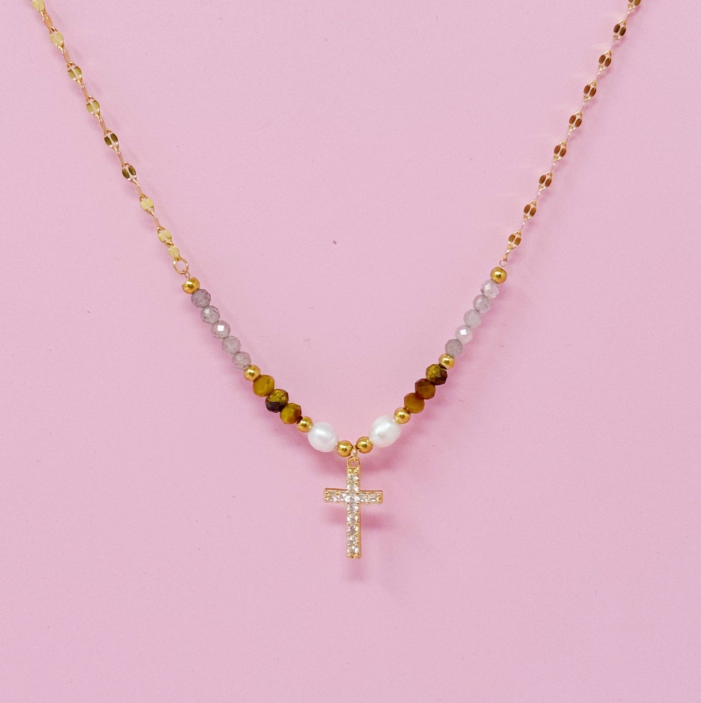 Cross Pendant Stone Bead Necklace