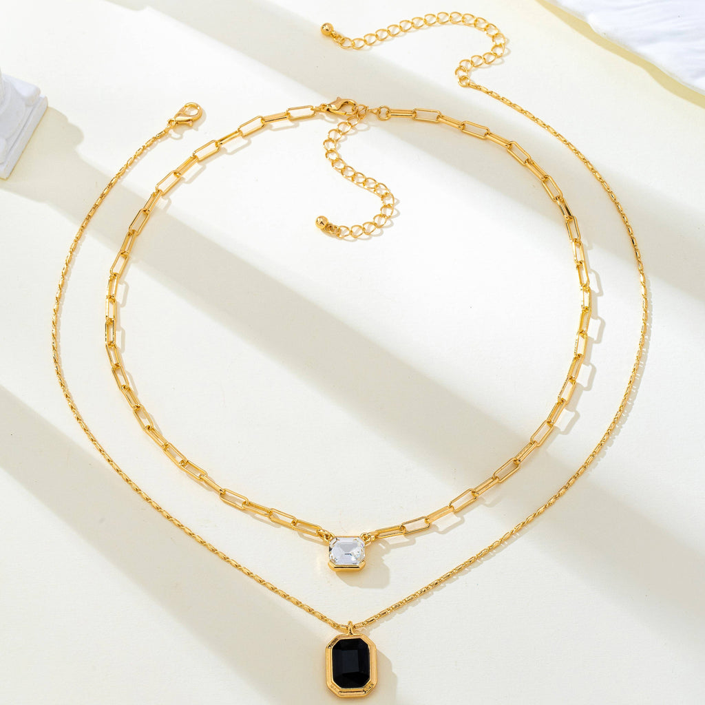 Layered Paperclip Chain Double Gemstone Necklace