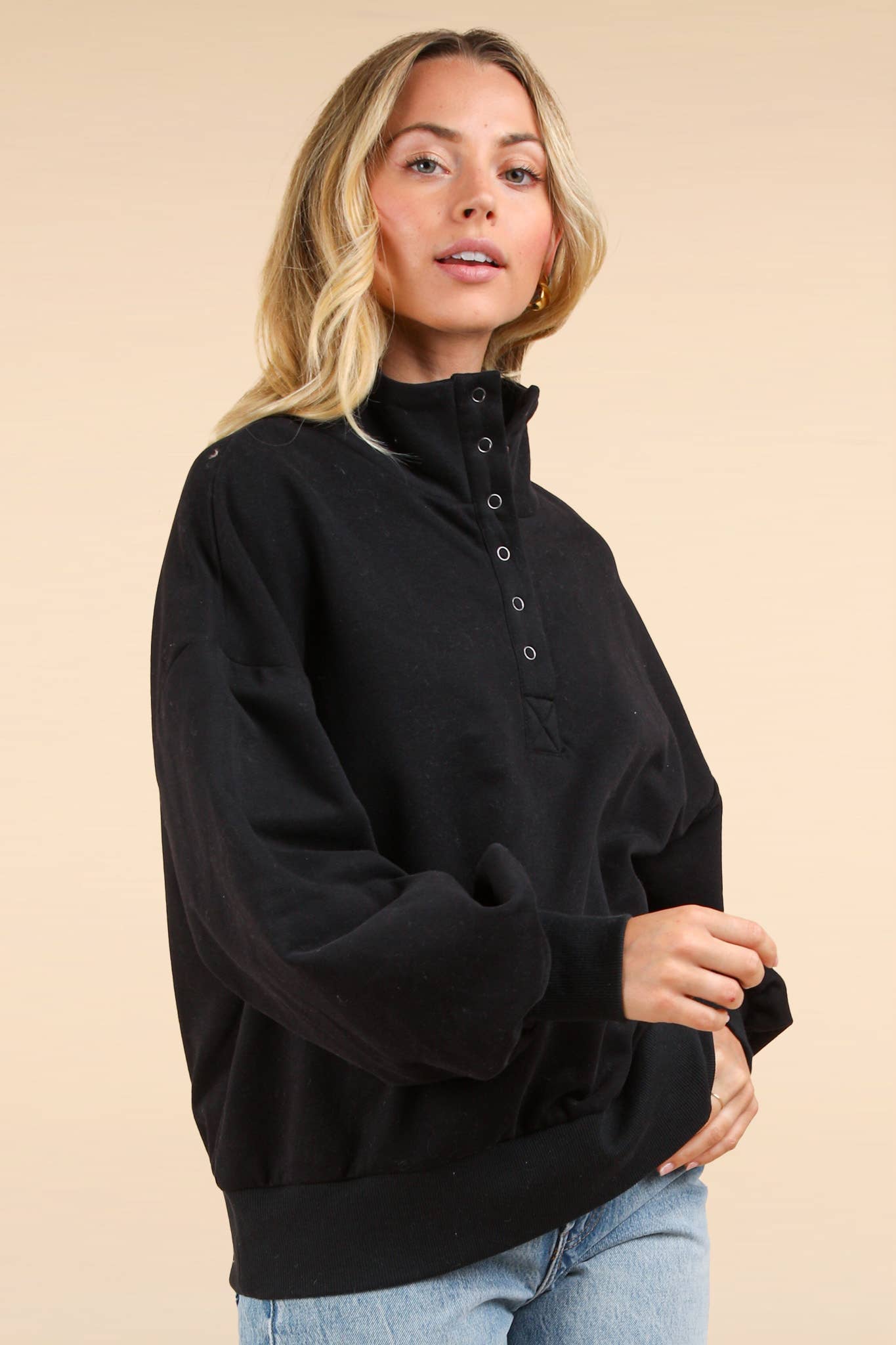 Balloon Sleeve Button Down Sweatshirt