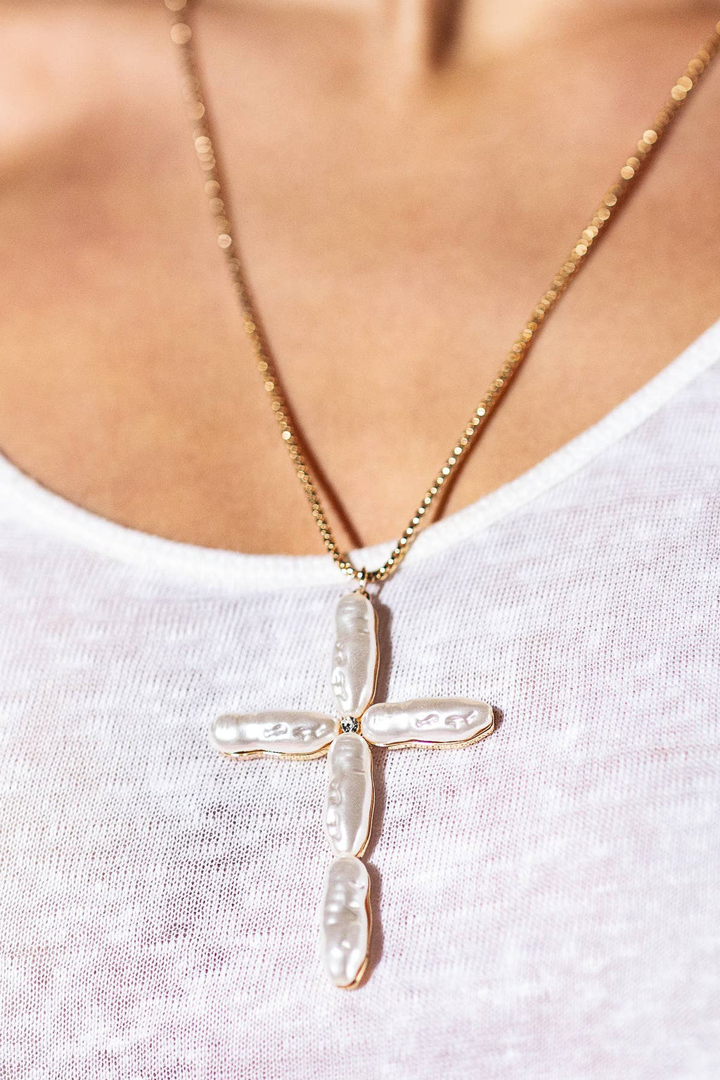Pearl Look Long Cross Necklace