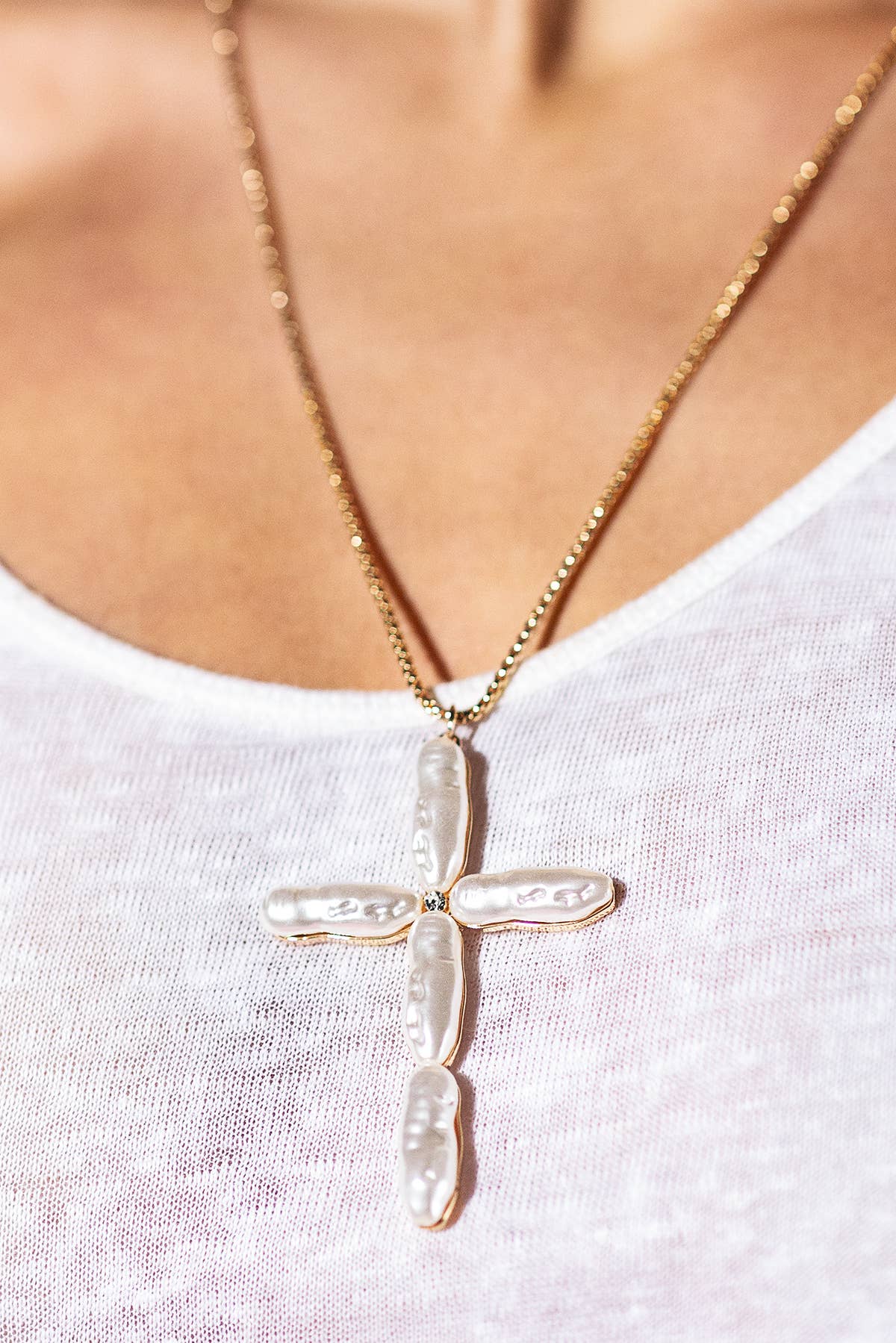 Pearl Look Long Cross Necklace