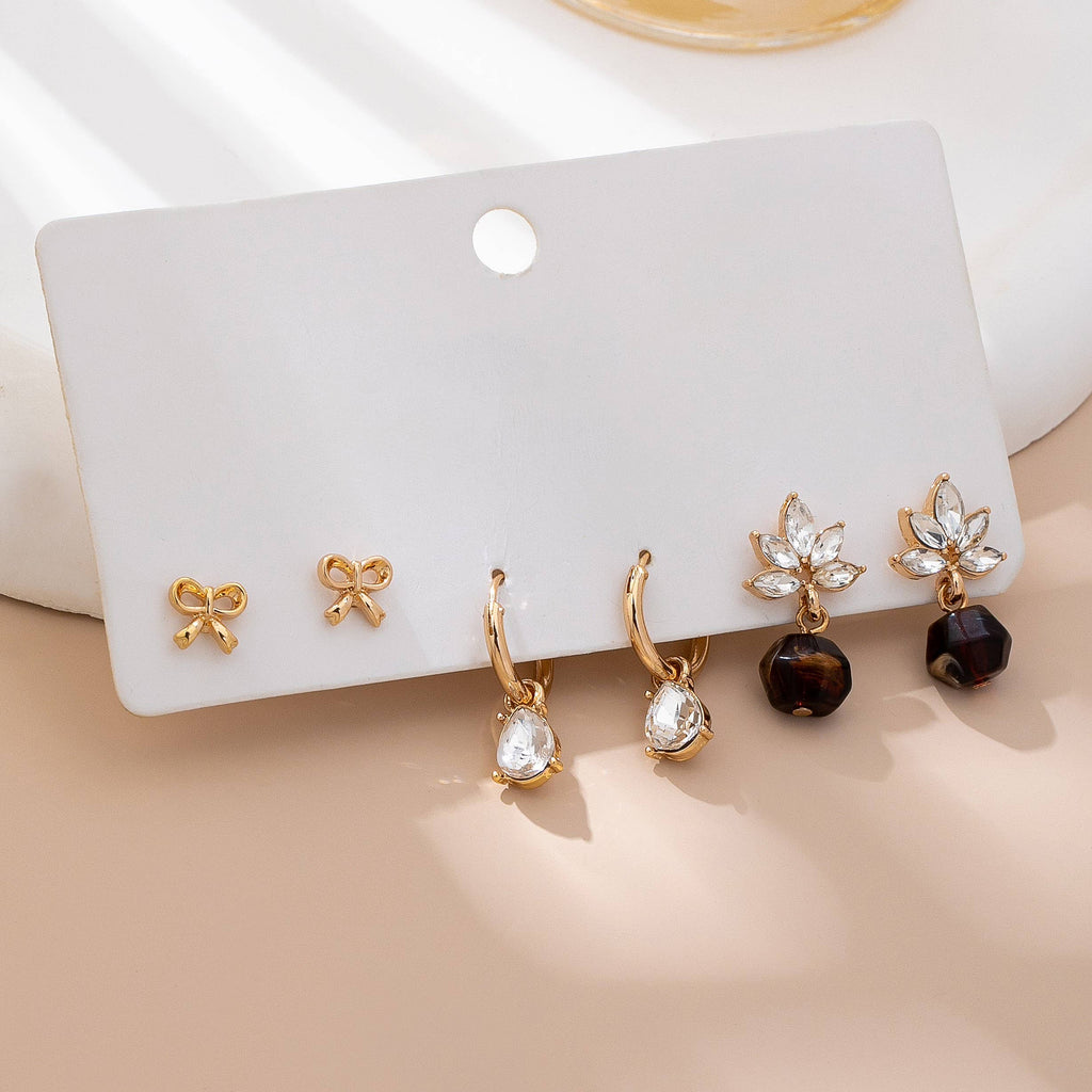 Gold-Tone Floral & Drop Earring Trio Set