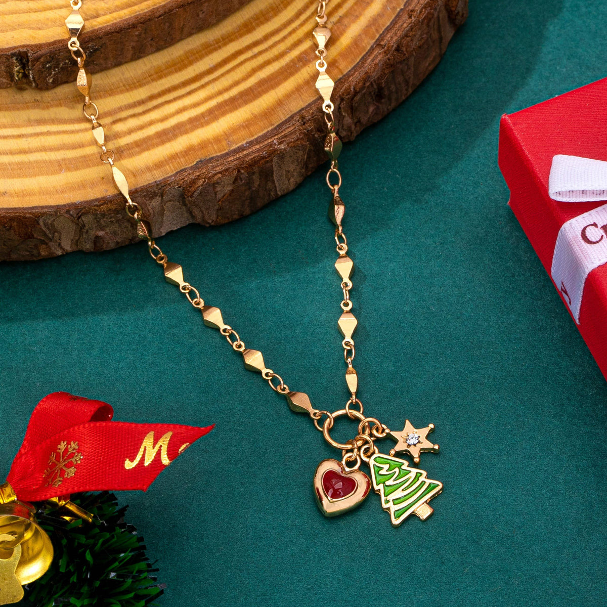 Cluster Christmas Tree and Heart Charm Necklace