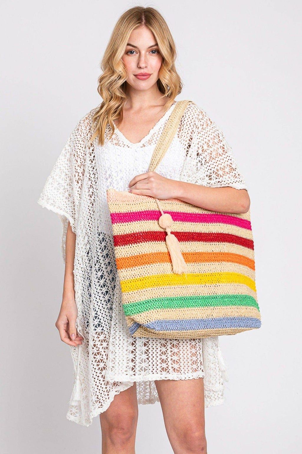 Amara Striped Crochet Women's Tote Bag with Tassel