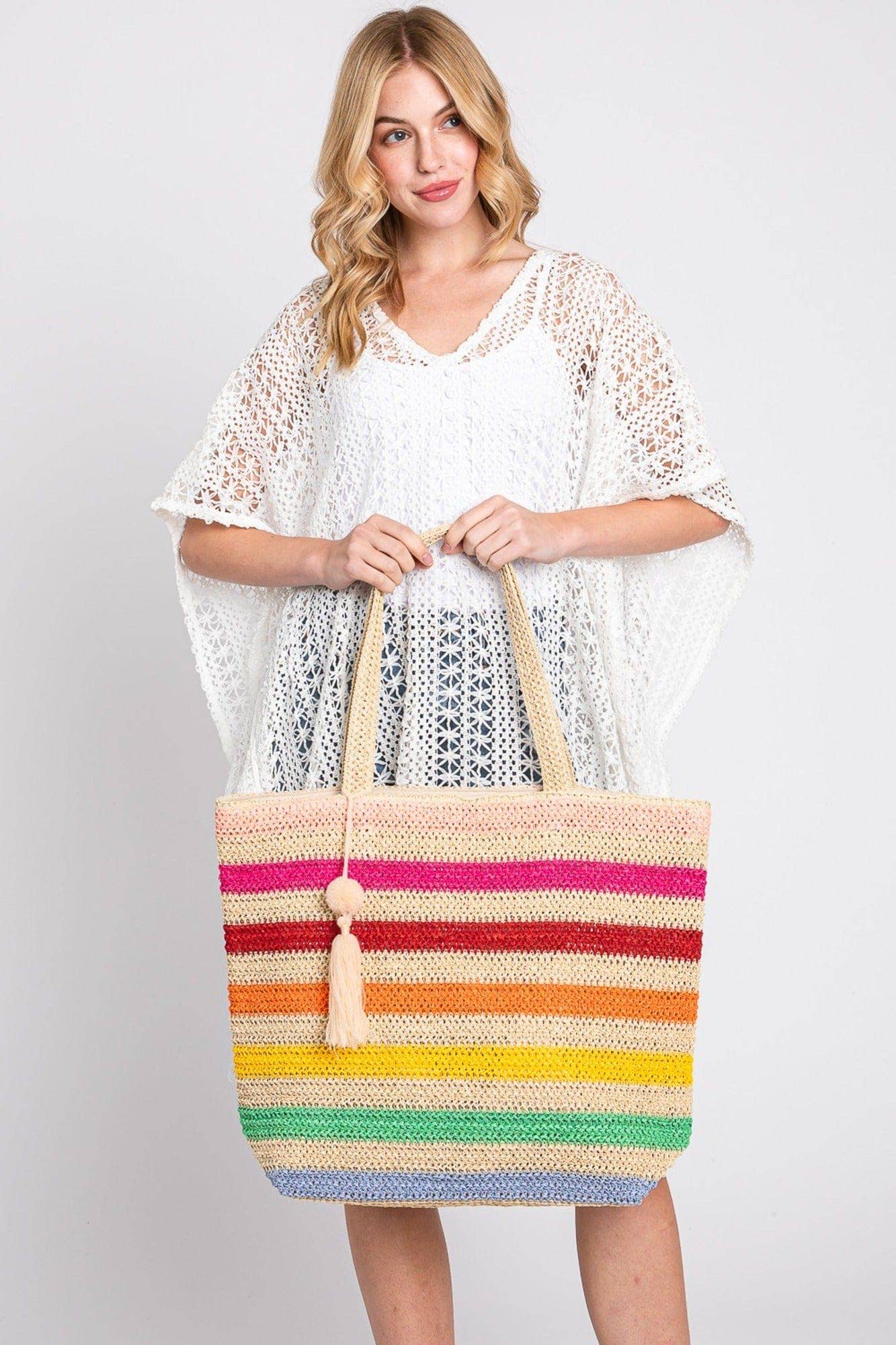 Amara Striped Crochet Women's Tote Bag with Tassel