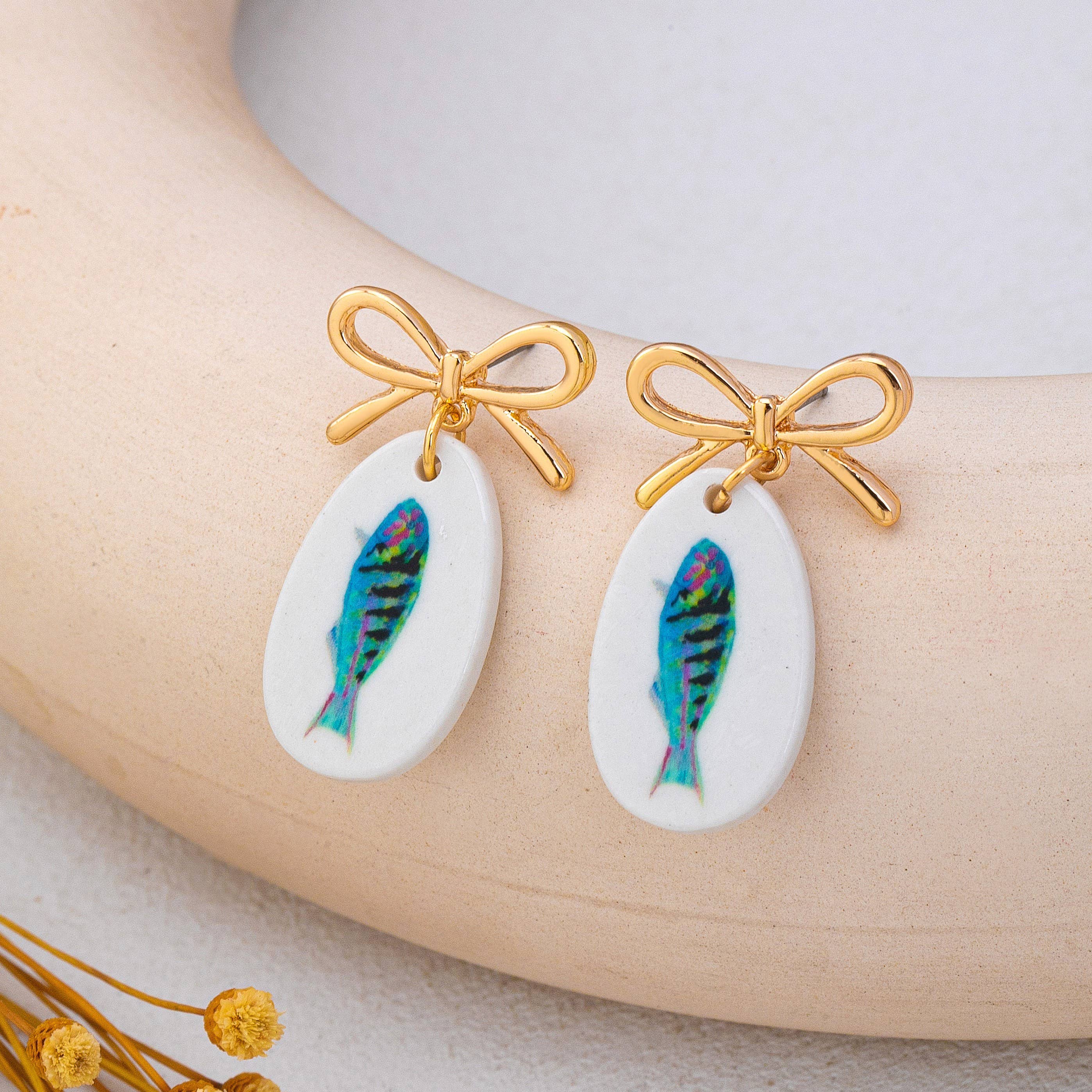 Gold Bow Drop Charm Earrings