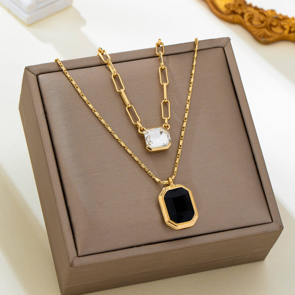 Layered Paperclip Chain Double Gemstone Necklace