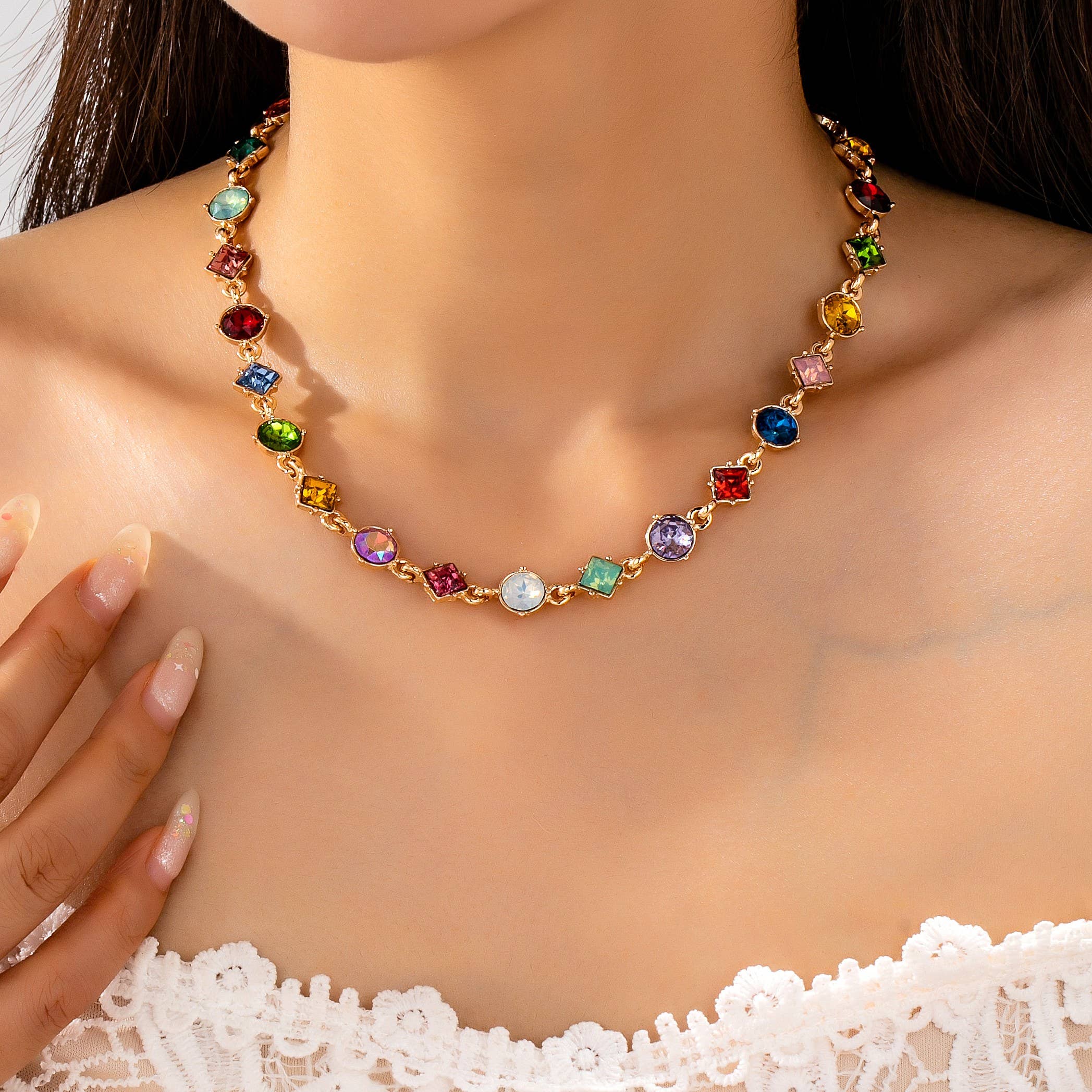 Multicolor Mixed-Shape Crystal Necklace