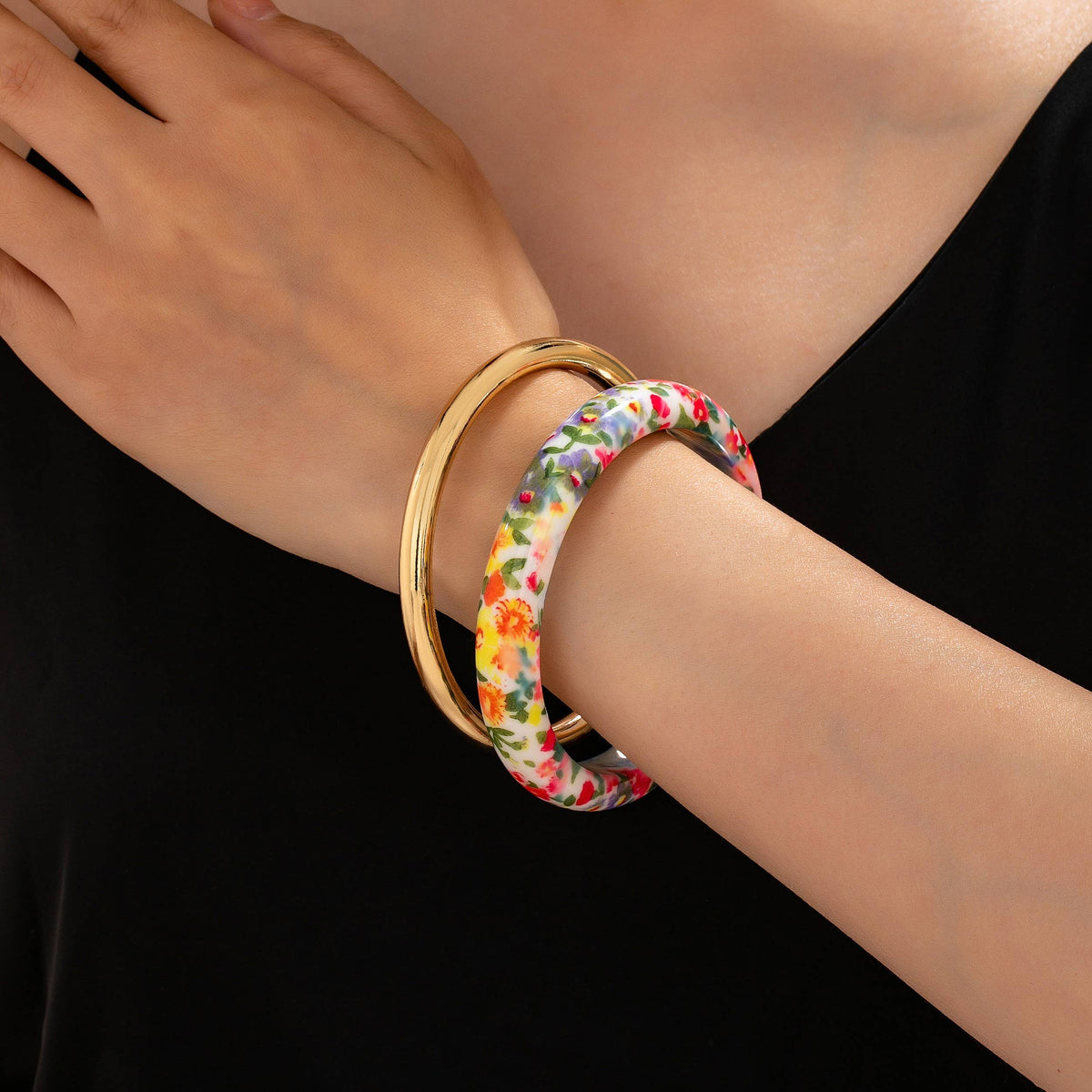 Floral Resin & Gold-Tone Bangle Bracelet Set